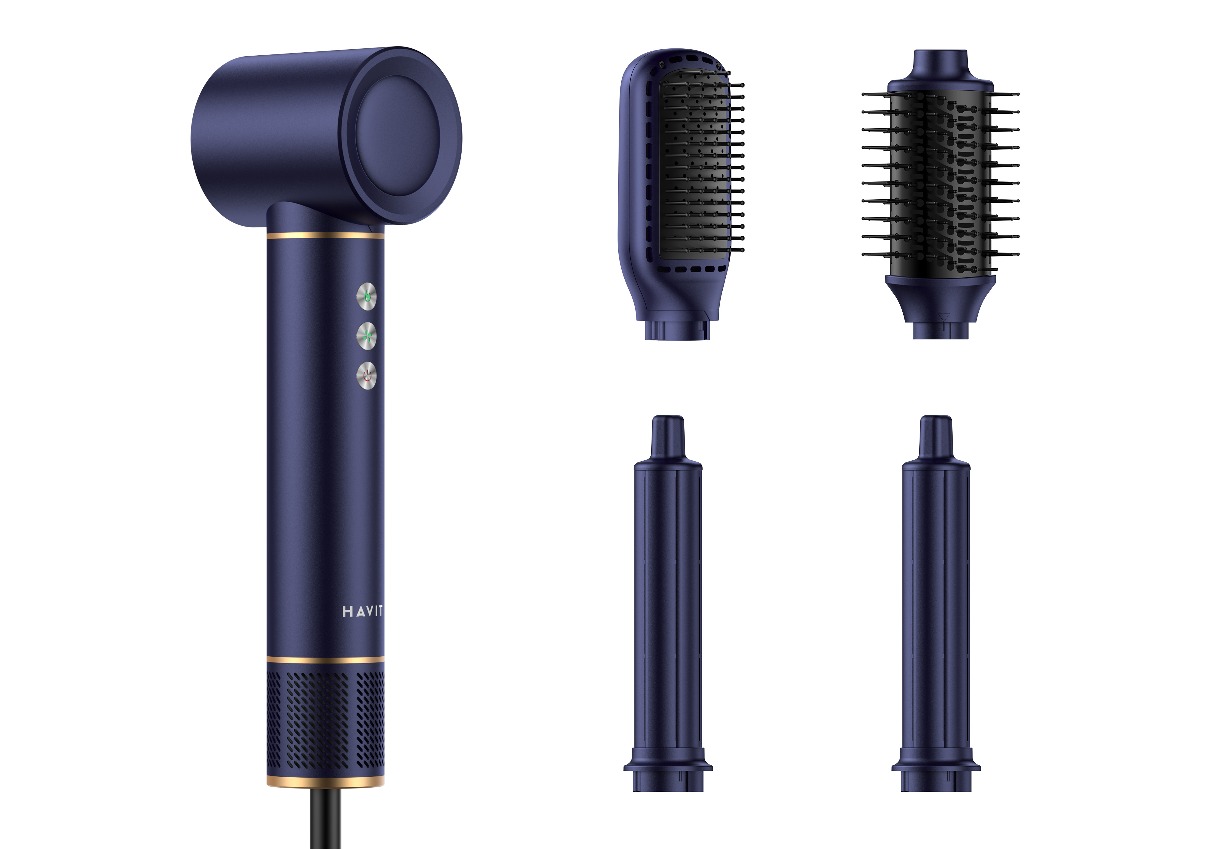 Niebieska suszarka do włosów z nasadkami. Kilka nasadek do różnych zastosowań. Czarny przewód zasilający.