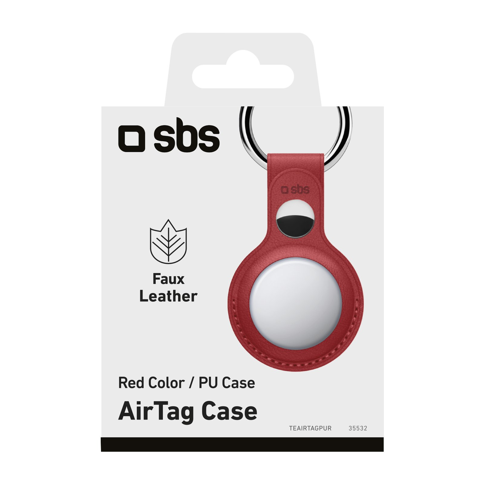 Funda AirTag roja en una caja blanca. Fondo blanco. Texto: Faux Leather, Red Color, AirTag Case.