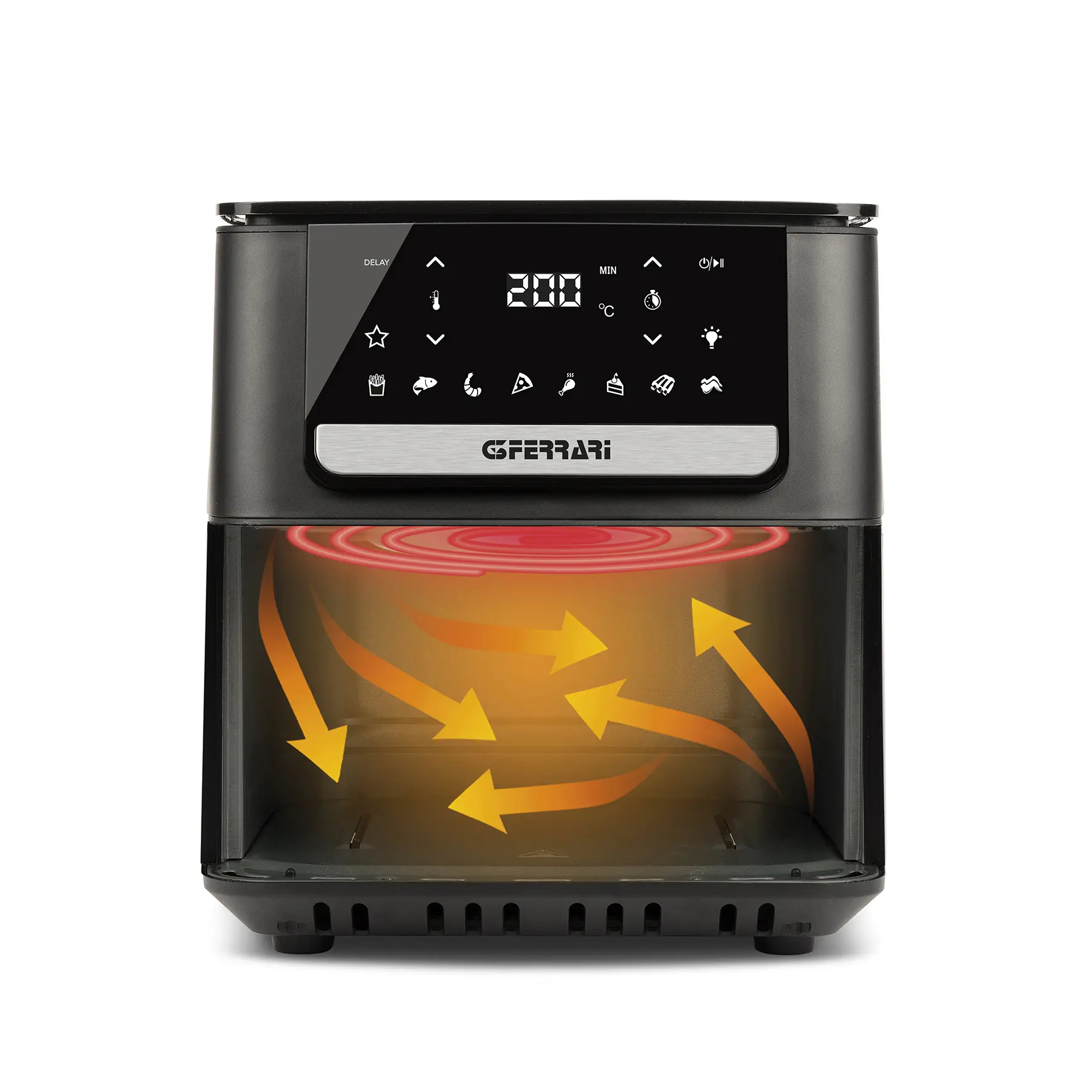 Frytkownica powietrzna z czarną obudową i przezroczystą komorą gotowania. Pomarańczowe światło wewnątrz.