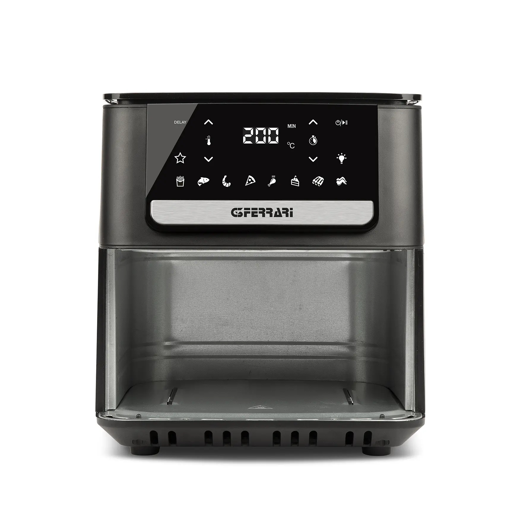 Czarna frytkownica powietrzna z cyfrowym wyświetlaczem 200 stopni. Widoczne logo Ferrari. Otwarta szuflada.