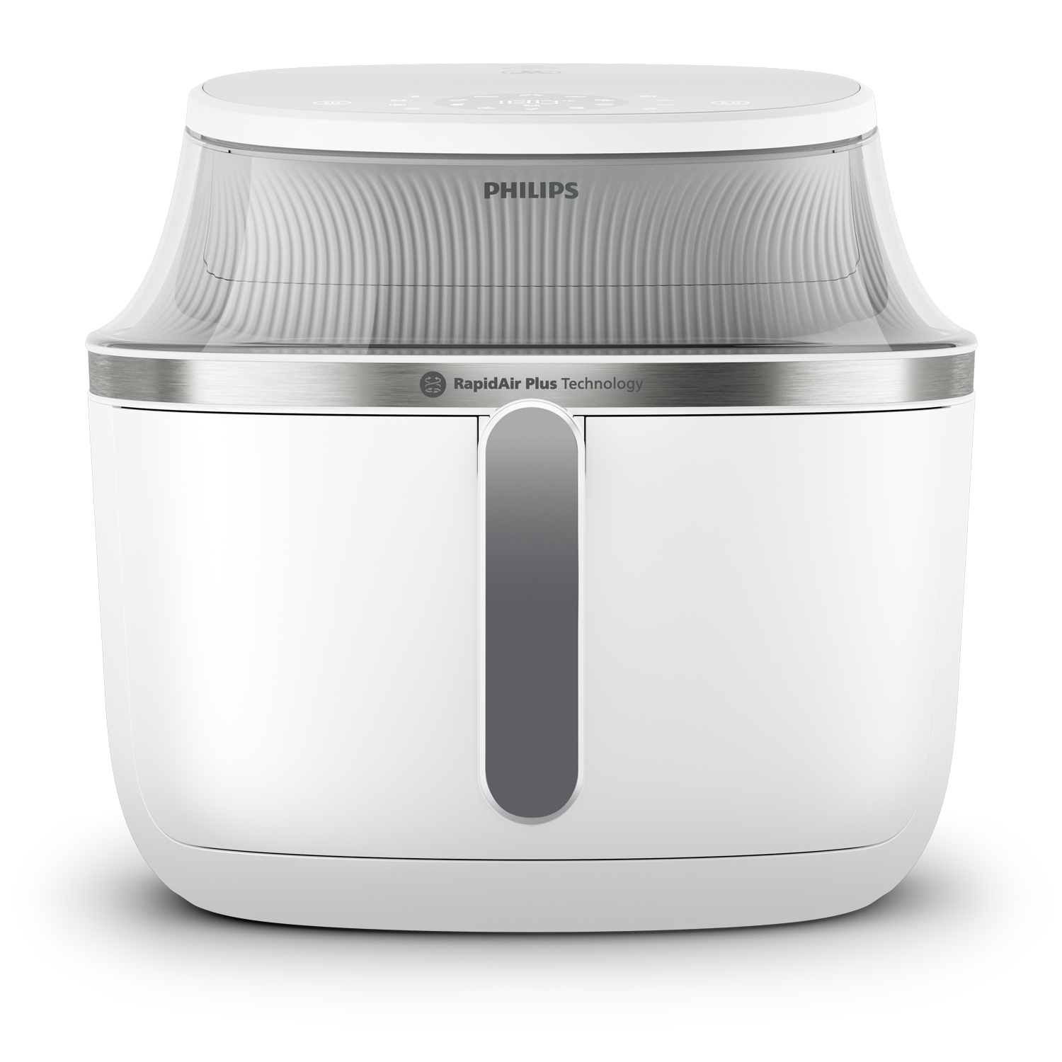 Freidora de aire Philips blanca con tapa transparente. Tiene una asa gris al frente.