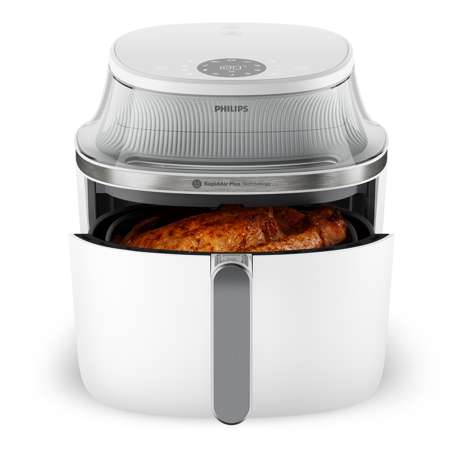 Freidora de aire Philips blanca y plateada con comida dentro. Fondo blanco.