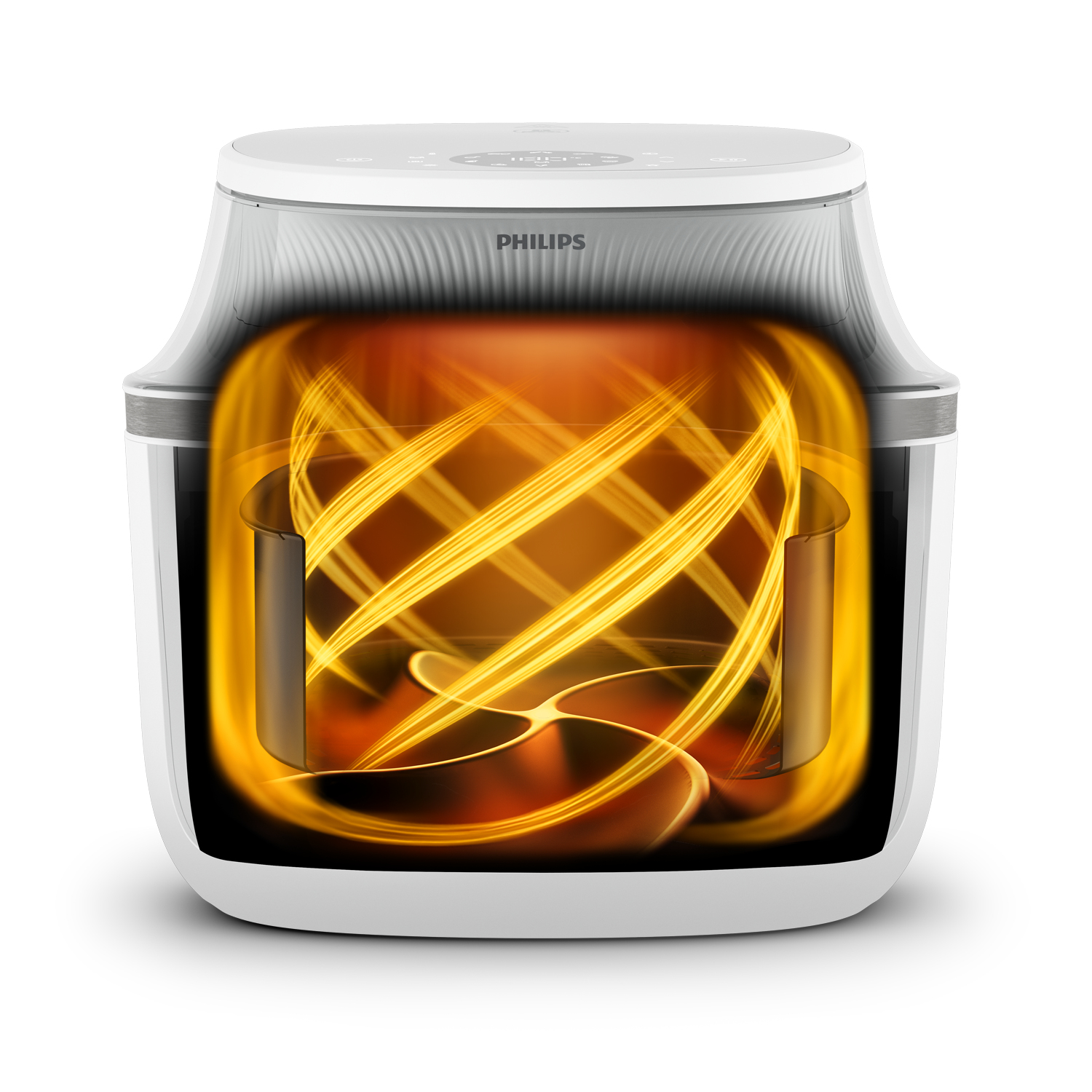 Freidora de aire Philips, vista de corte. Muestra el elemento calefactor con luces brillantes y giratorias.