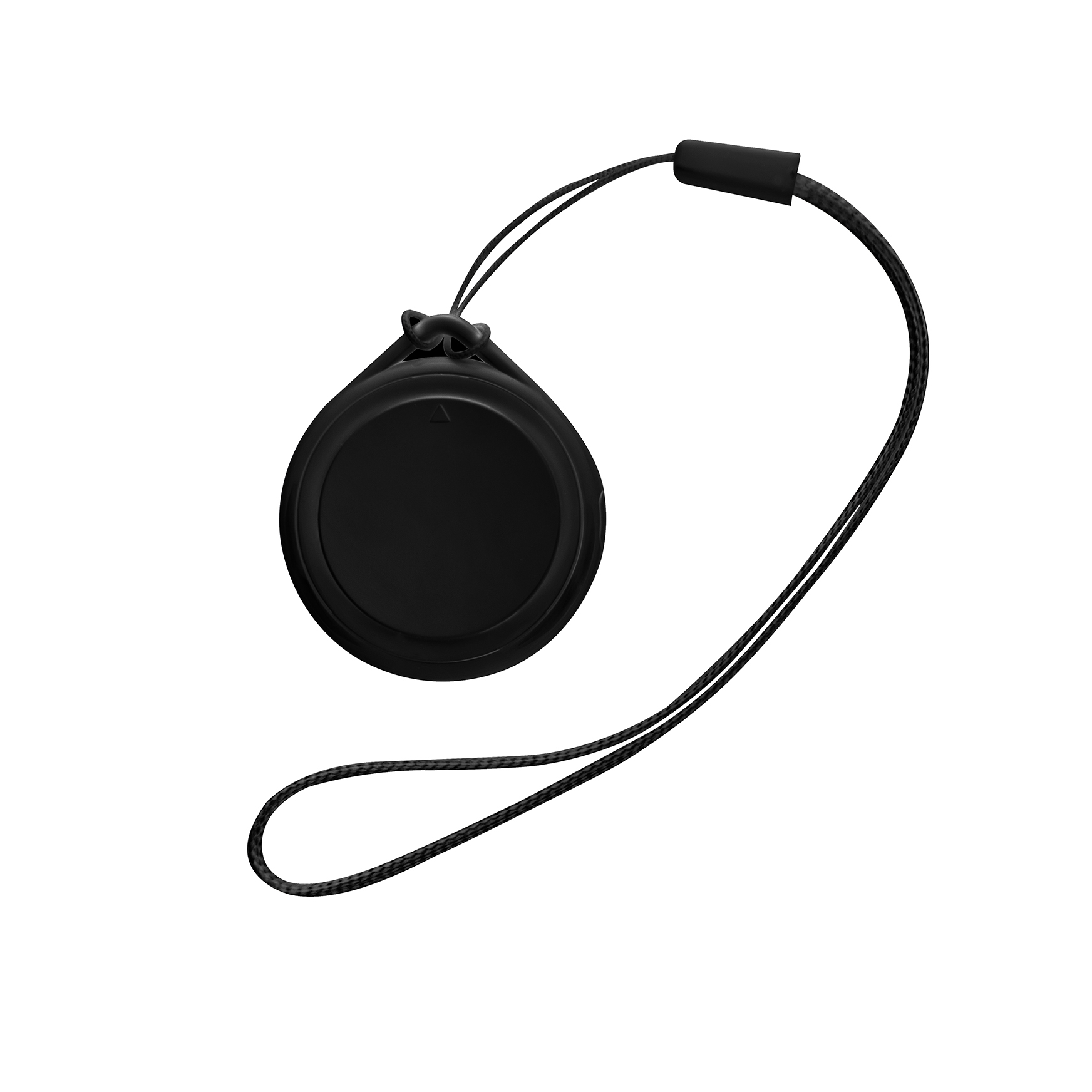 Czarny, okrągły tracker z czarnym sznurkiem i pętlą do mocowania.