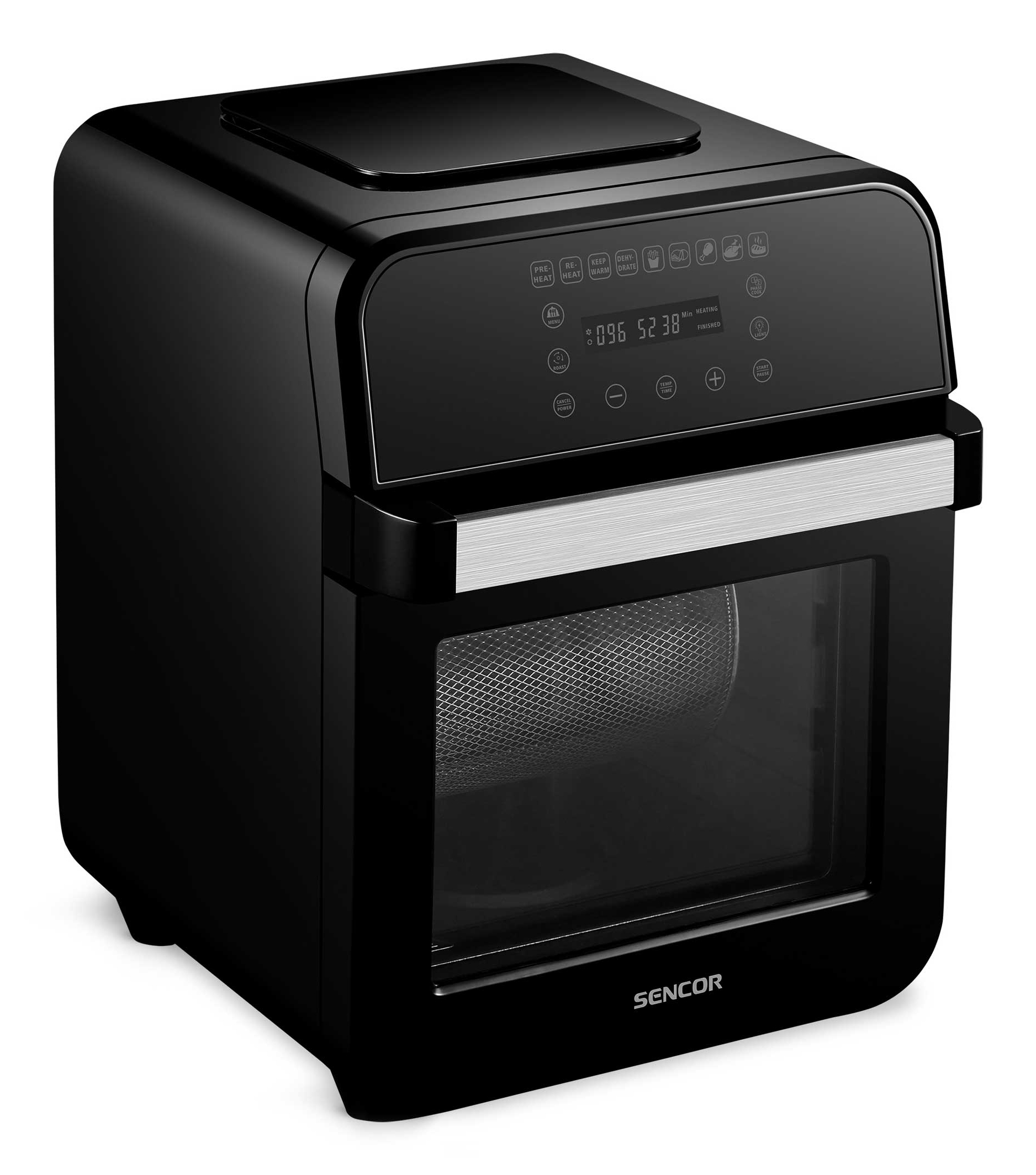 Friggitrice ad aria nera con display digitale, cibo all'interno.