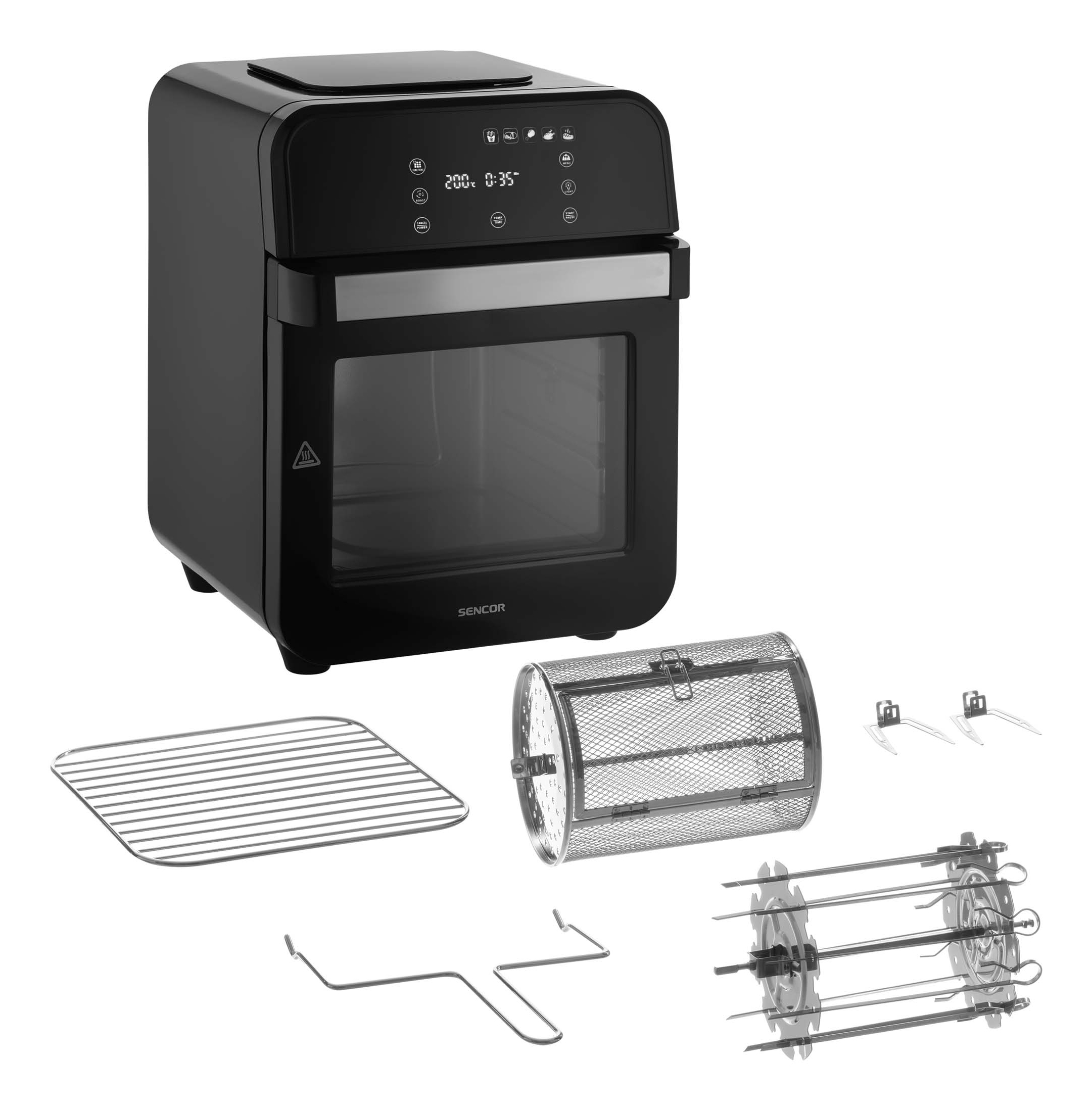 Friggitrice ad aria nera con accessori, display digitale.