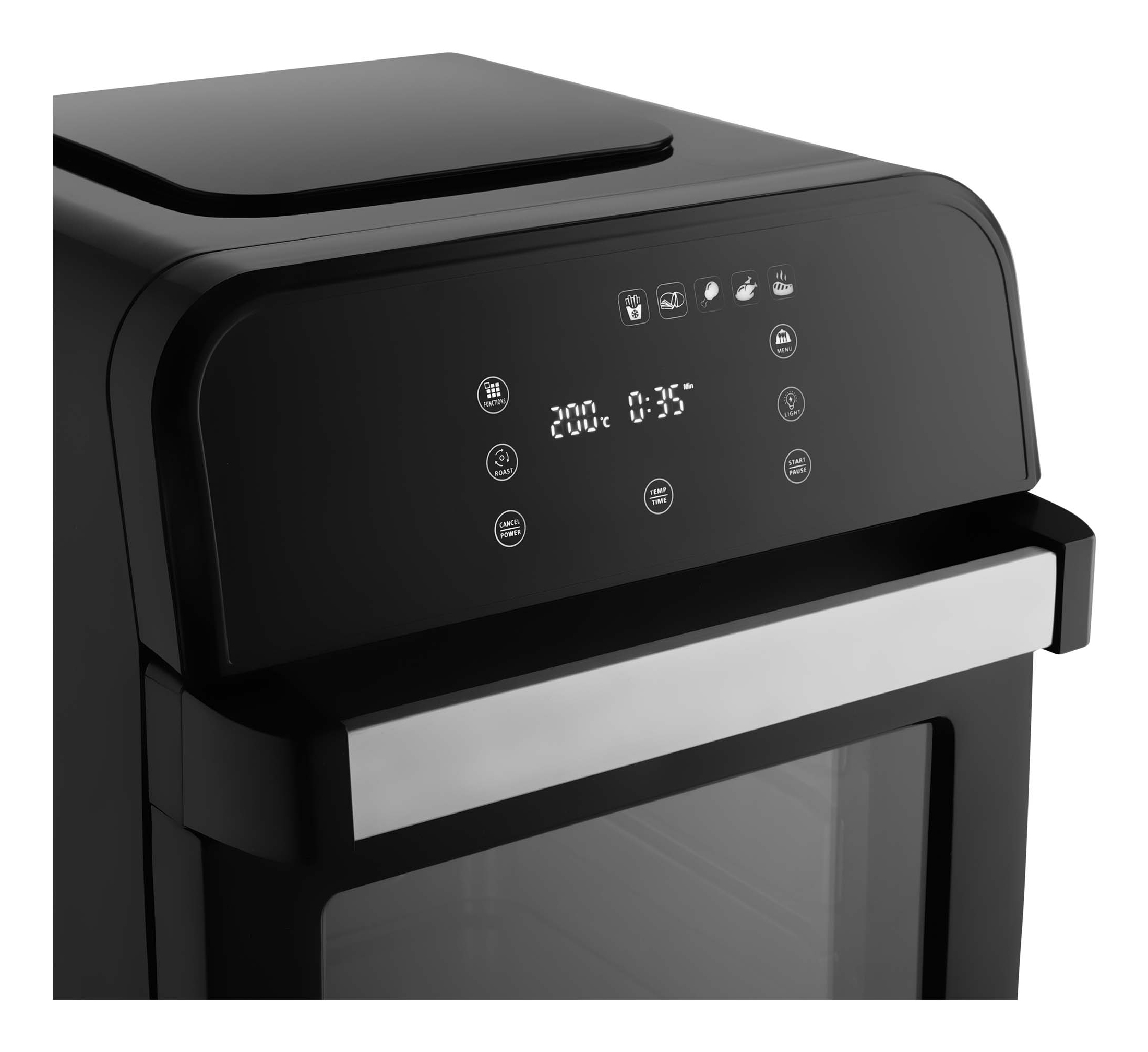 Friggitrice ad aria nera con display digitale che mostra 200 gradi e 0:35 minuti. Ha una maniglia in metallo.