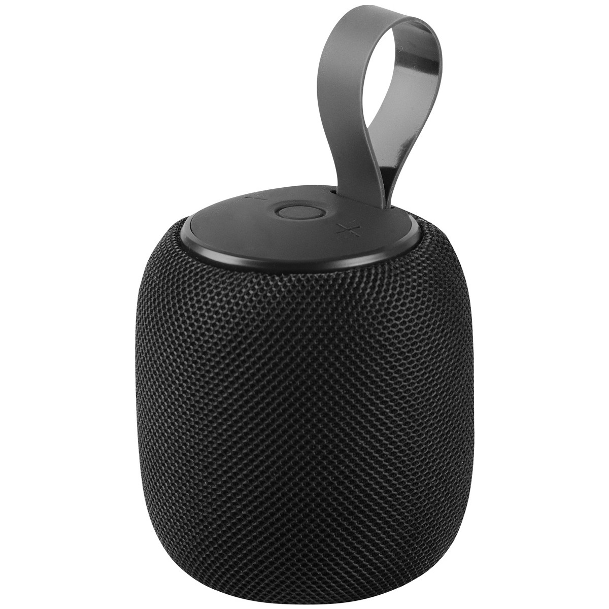 Czarny głośnik przenośny z uchwytem. Teksturowana powierzchnia. Białe tło. Górny przycisk.