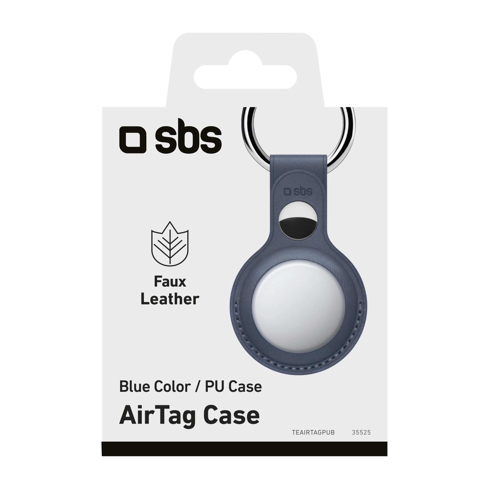 Funda AirTag en símil piel azul, con embalaje que dice 'sbs' y 'AirTag Case'.