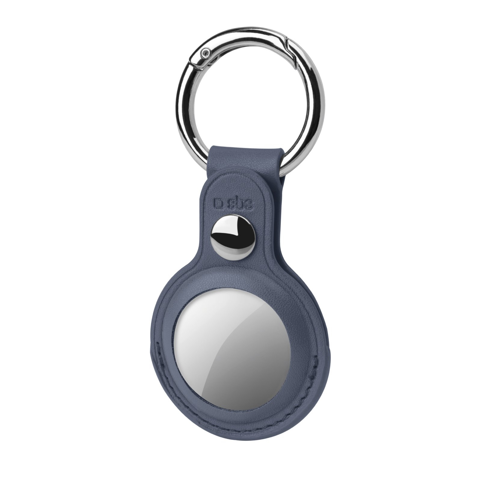 Soporte AirTag de cuero azul con un anillo metálico plateado.