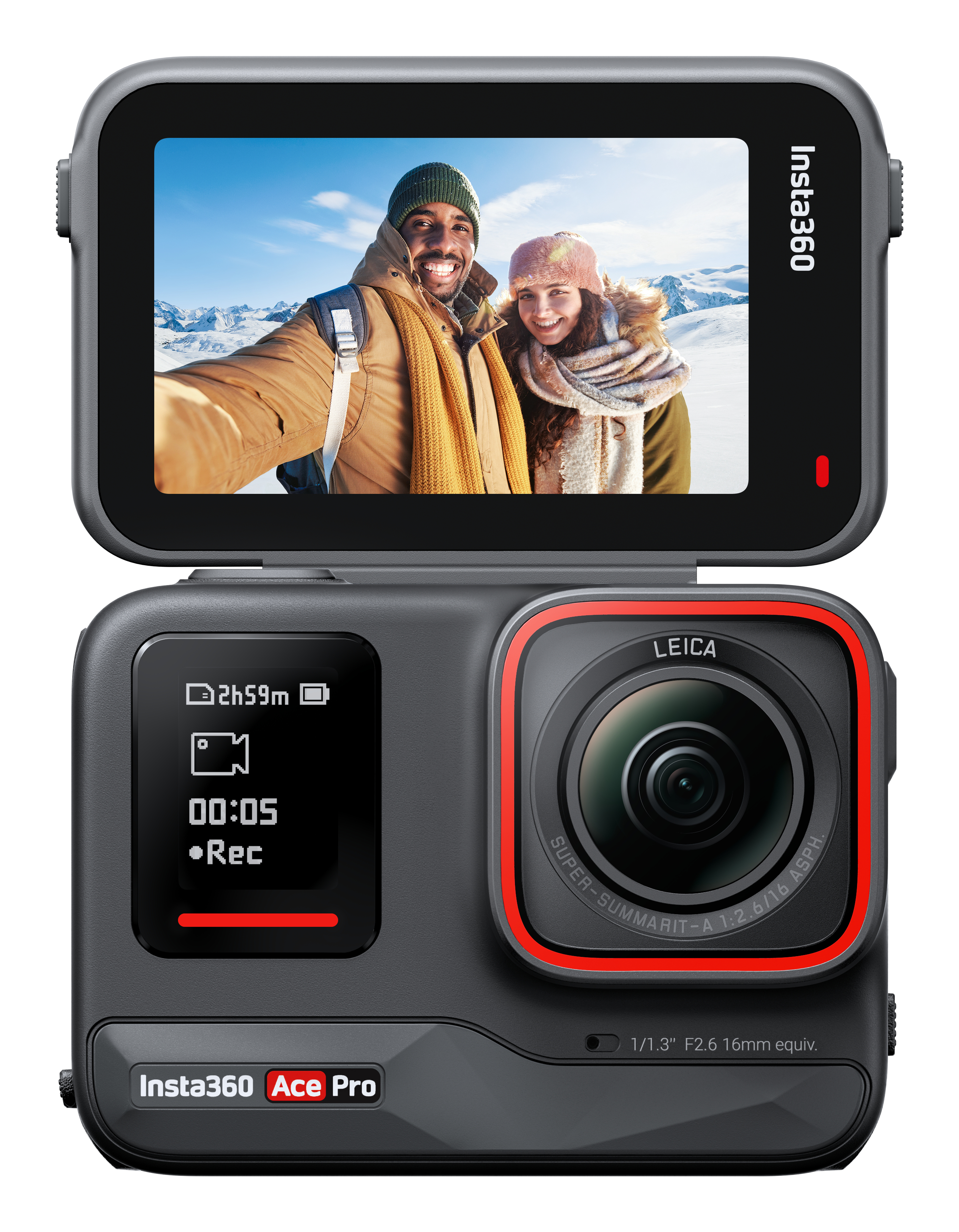 Cámara Insta360 Ace Pro mostrando un selfie de una pareja con ropa de invierno, con ajustes de cámara.
