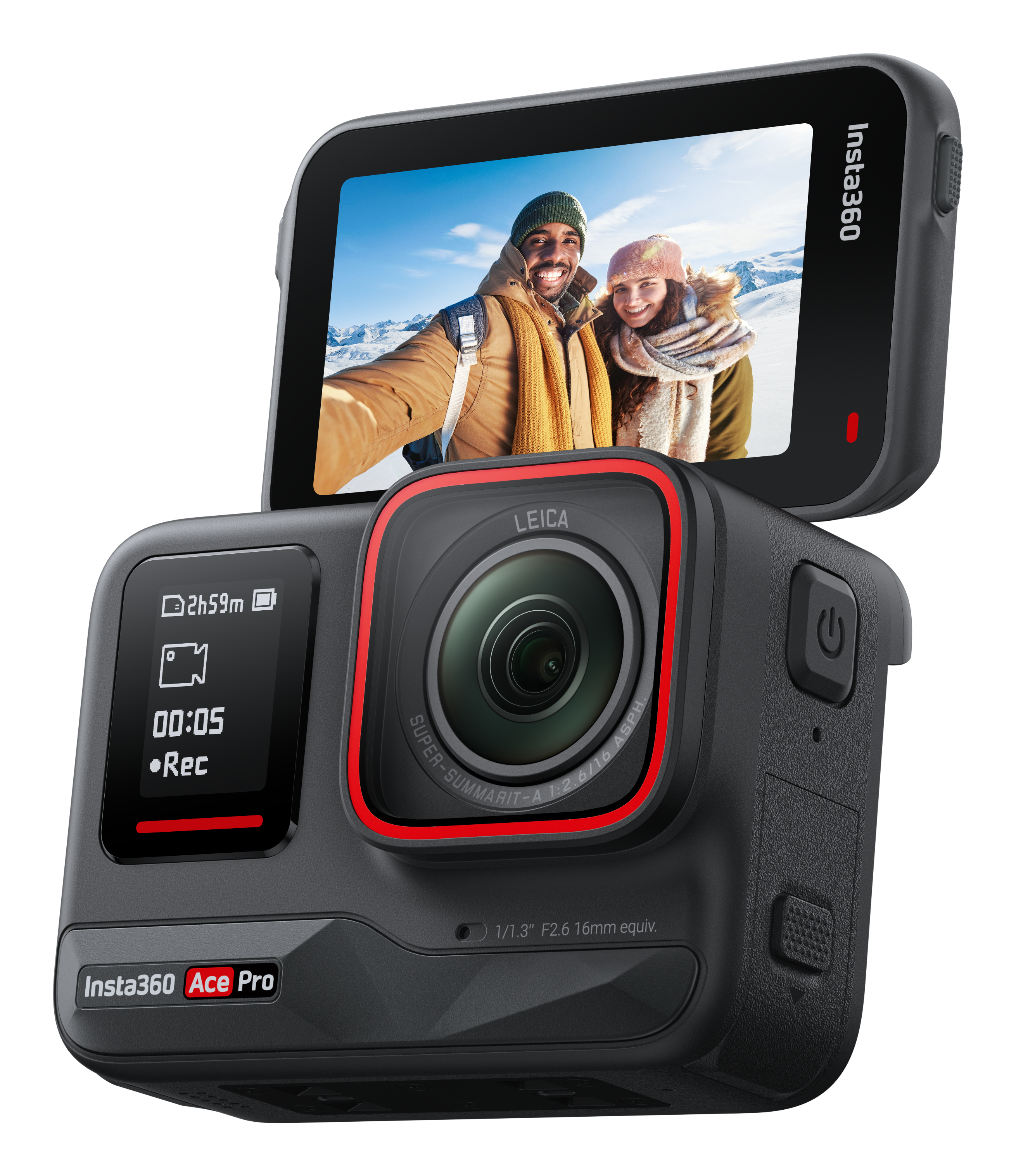 Cámara Insta360 Ace Pro negra con pantalla mostrando a dos personas.