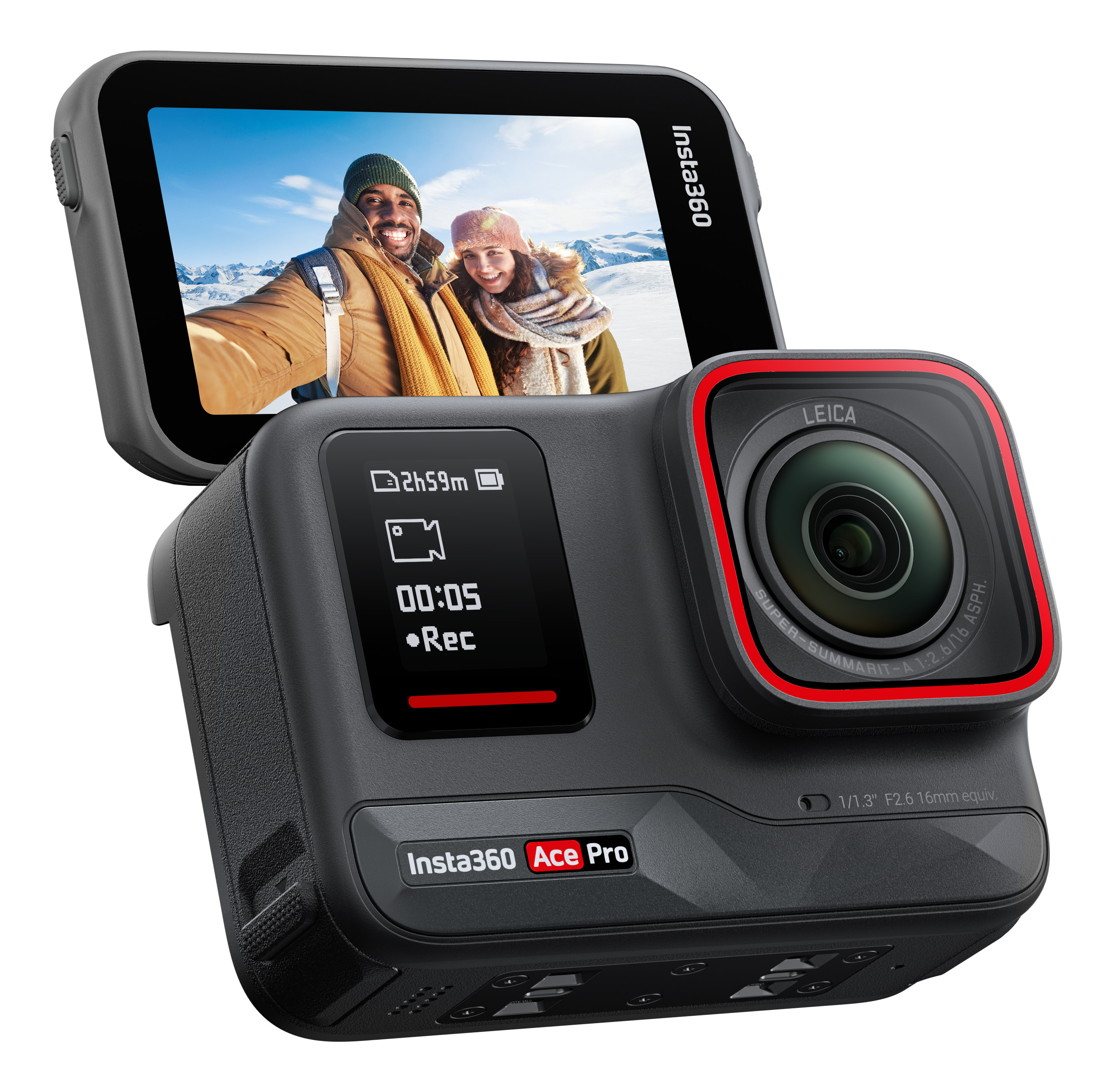 Cámara Insta360 Ace Pro negra con pantalla mostrando a dos personas.