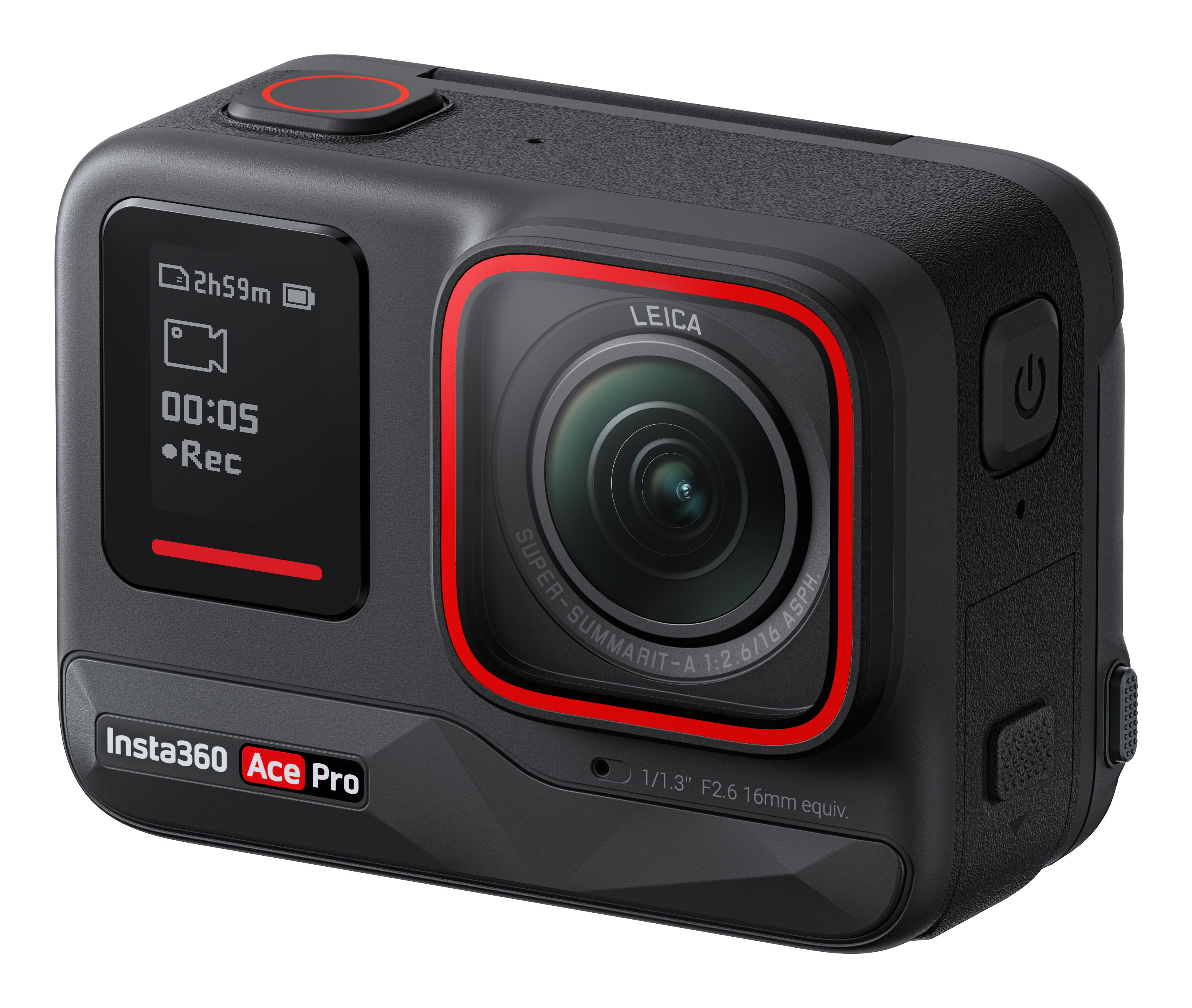 Cámara Insta360 Ace Pro negra con lente con borde rojo.
