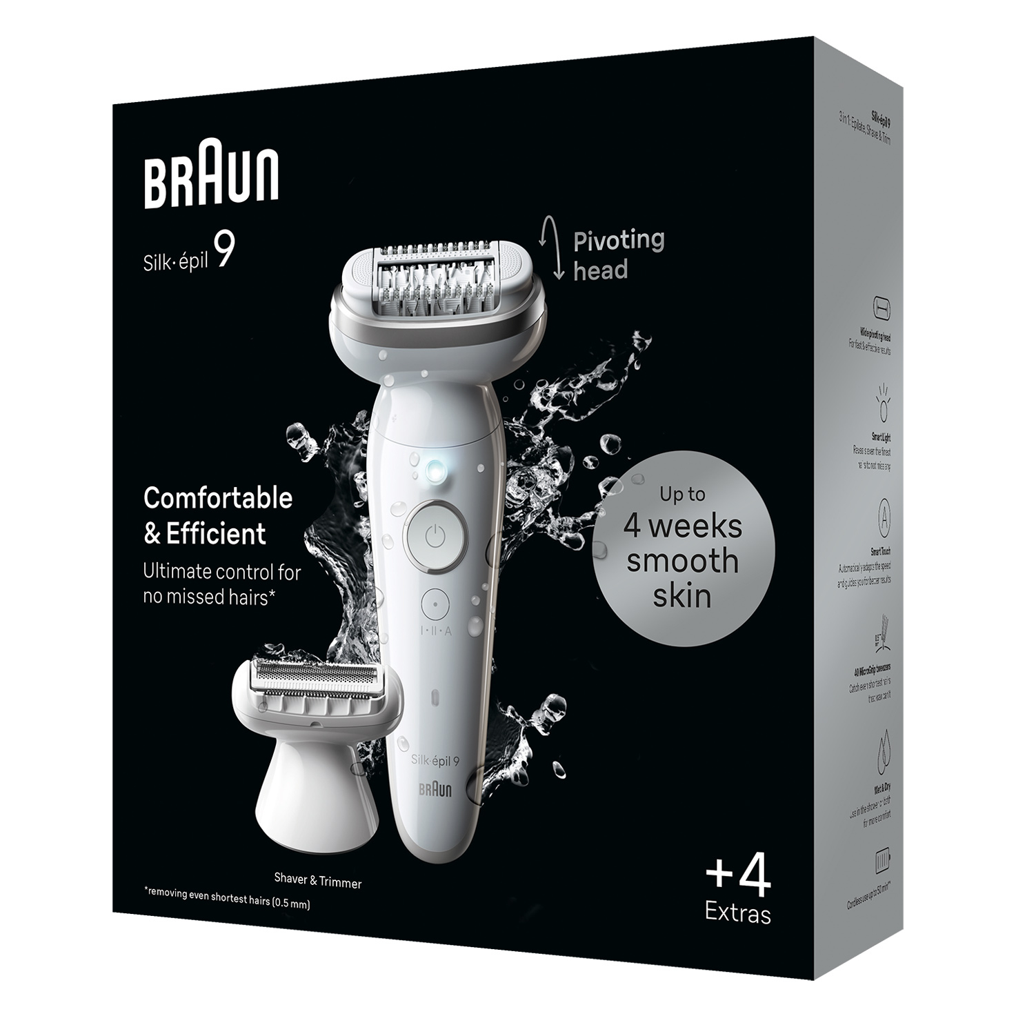 Braun Silk-épil 9 epilatör kutuda, aksesuarlarla ve siyah zemin üzerinde metin.