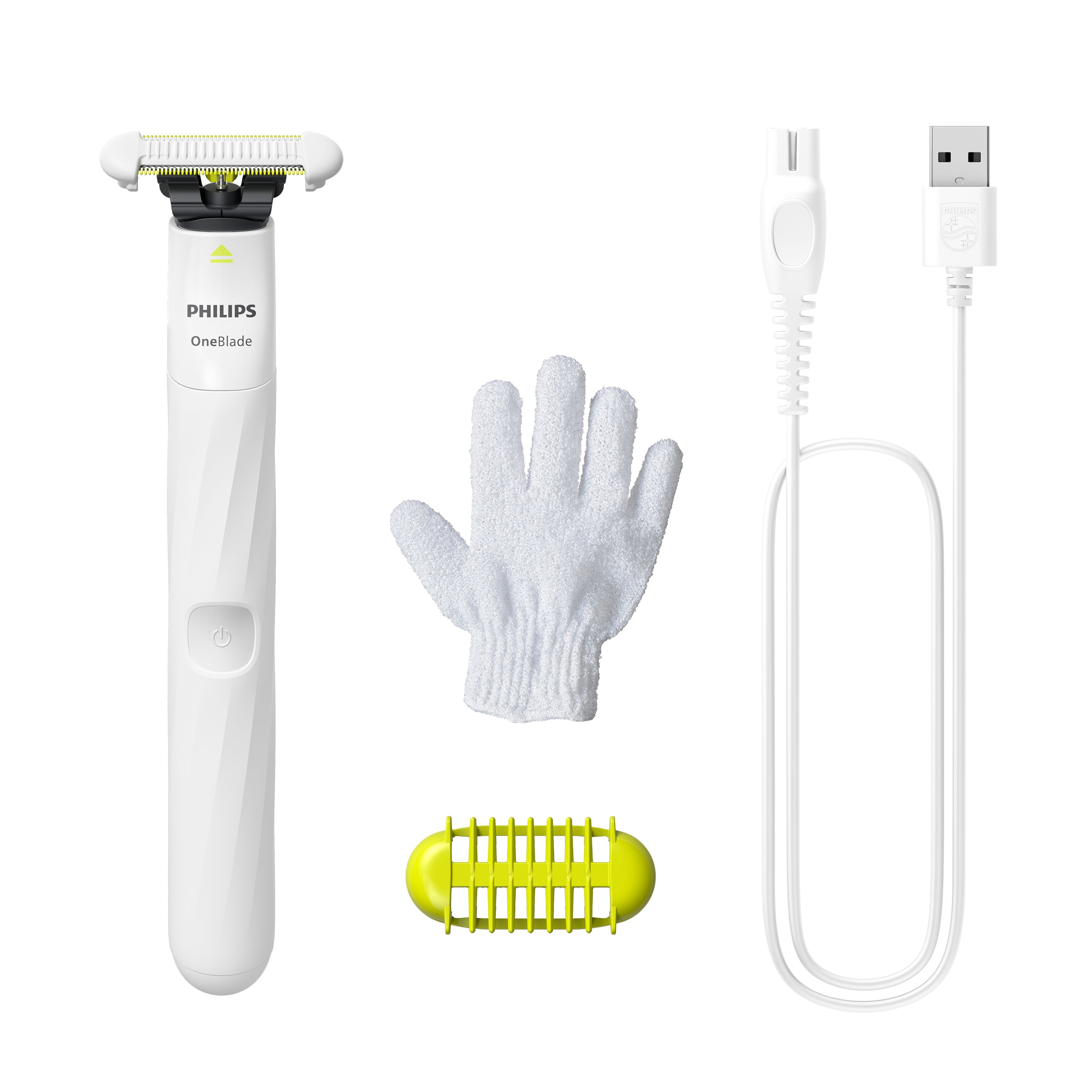 Philips OneBlade bianco, guanto, pettine giallo e cavo di ricarica su bianco.