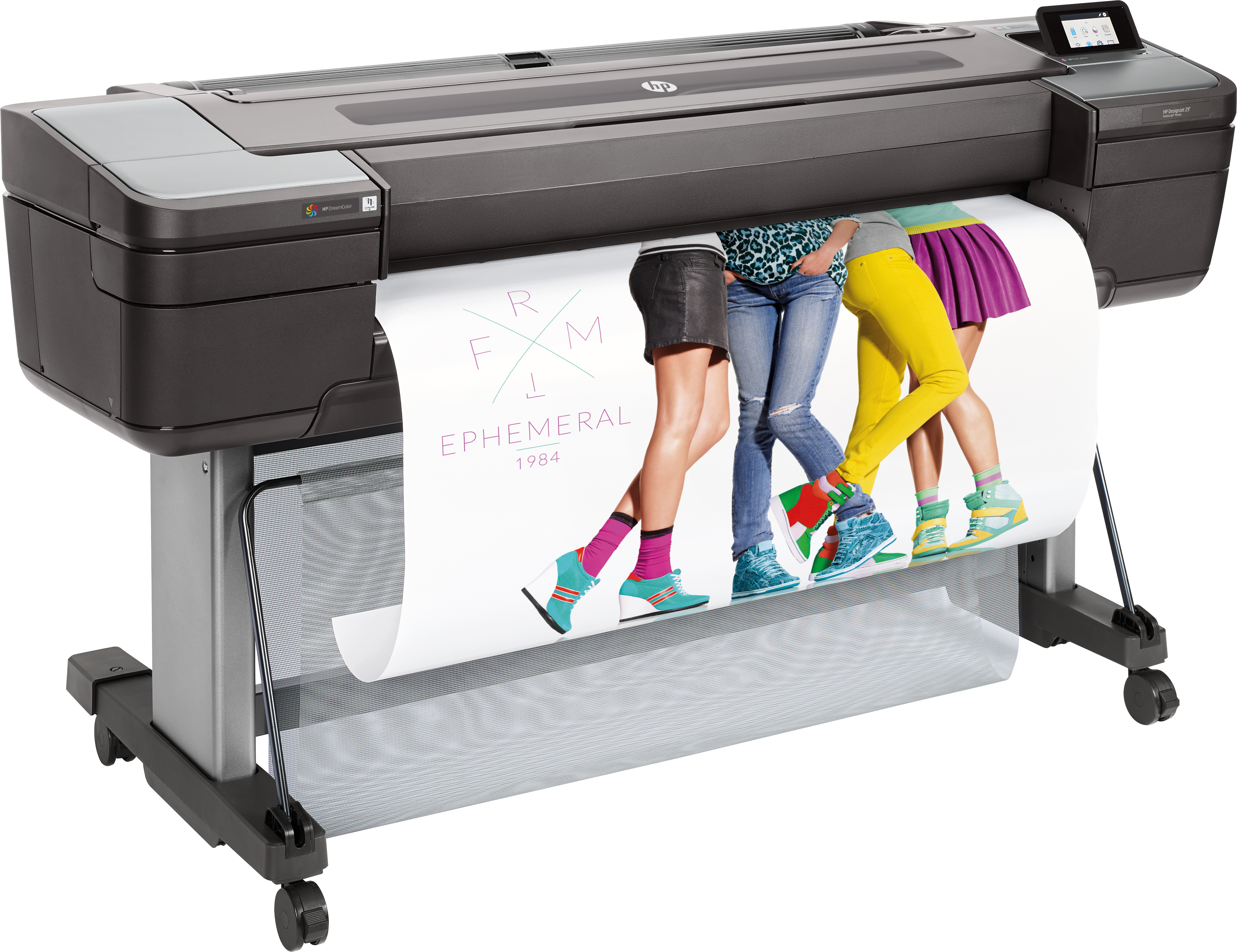 Large format printer printing a poster. The poster shows legs with various colorful shoes. Black and grey device.