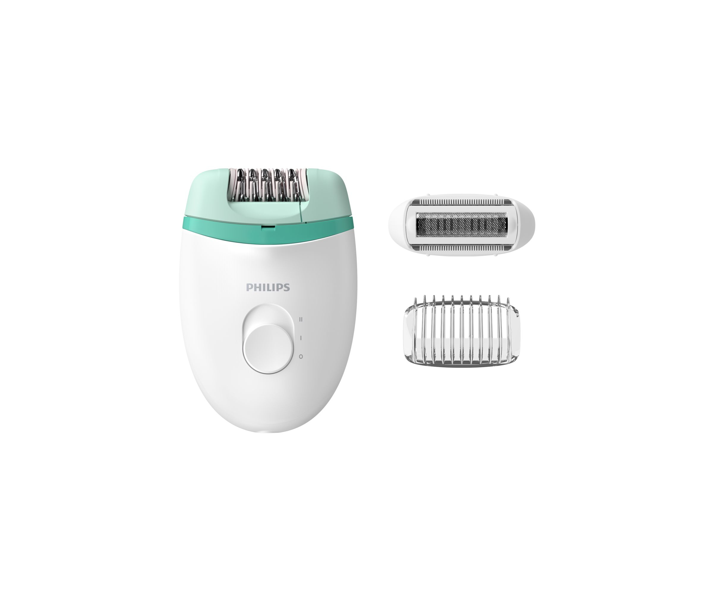 Beyaz ve turkuaz Philips epilatör, üç ek başlıkla, beyaz zemin üzerinde izole edilmiş.
