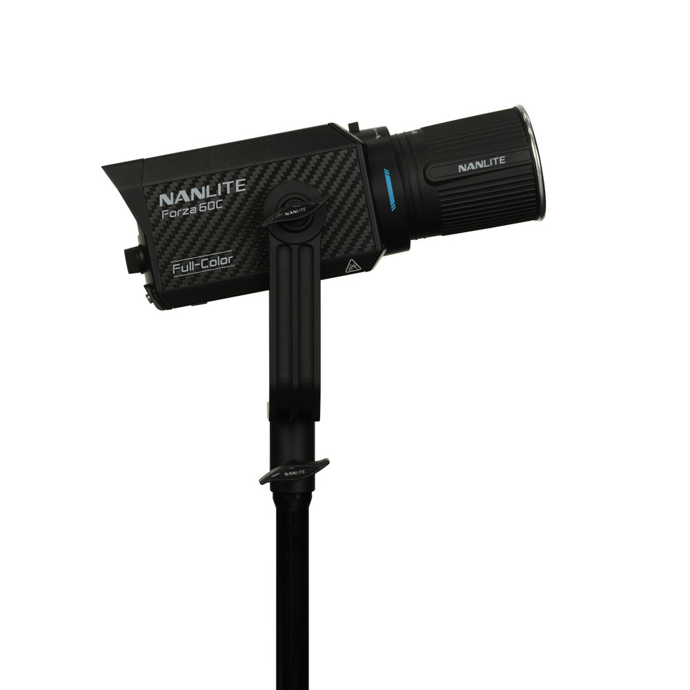 A black and silver Nanlite Forza 60C light on a stand. The words 'Forza 60C' are visible.