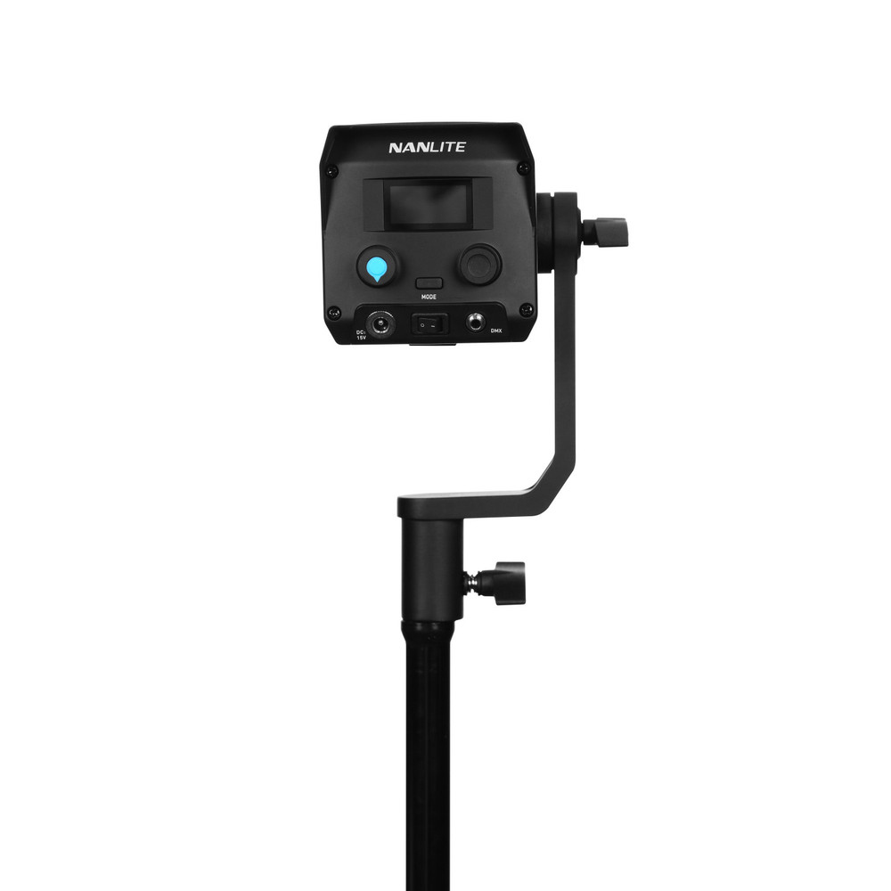 A black Nanlite LED light on a stand, isolated on a white background.