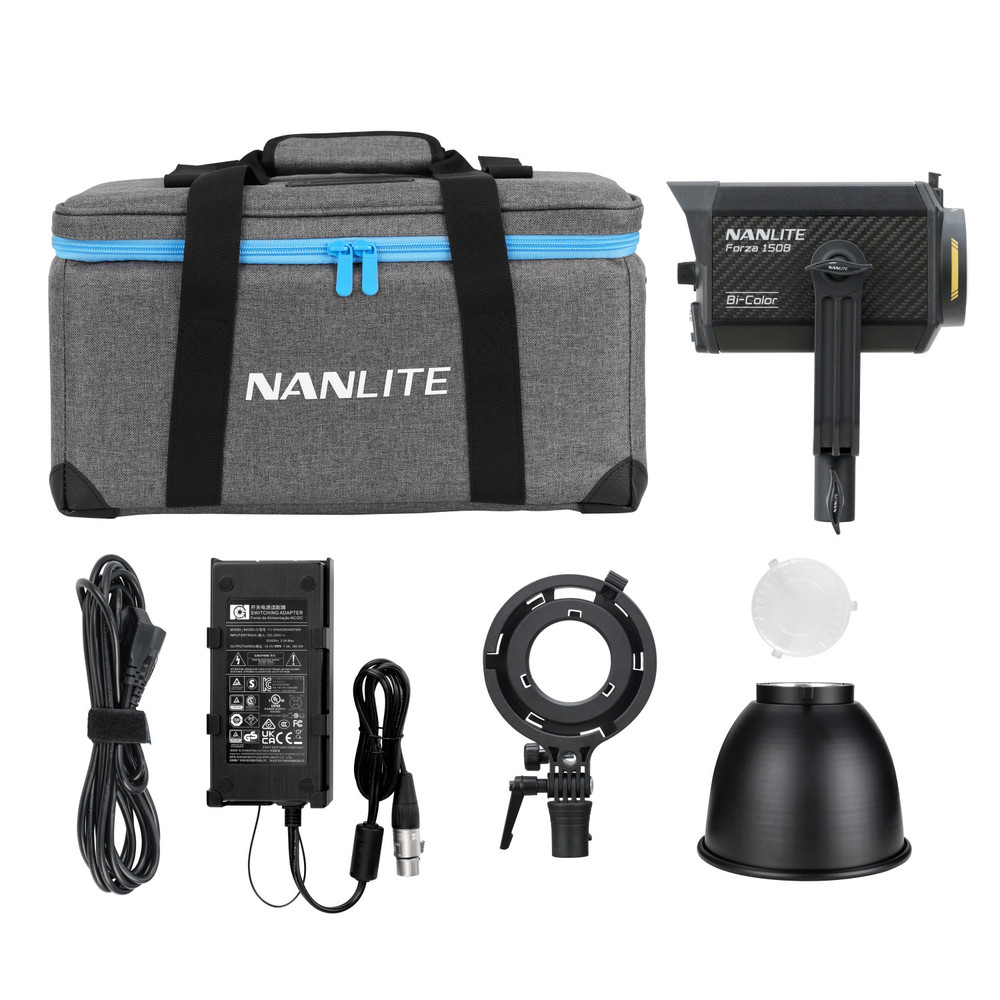 Nanlite Forza 150B Bi-Color lichtkit met accessoires en een draagtas.