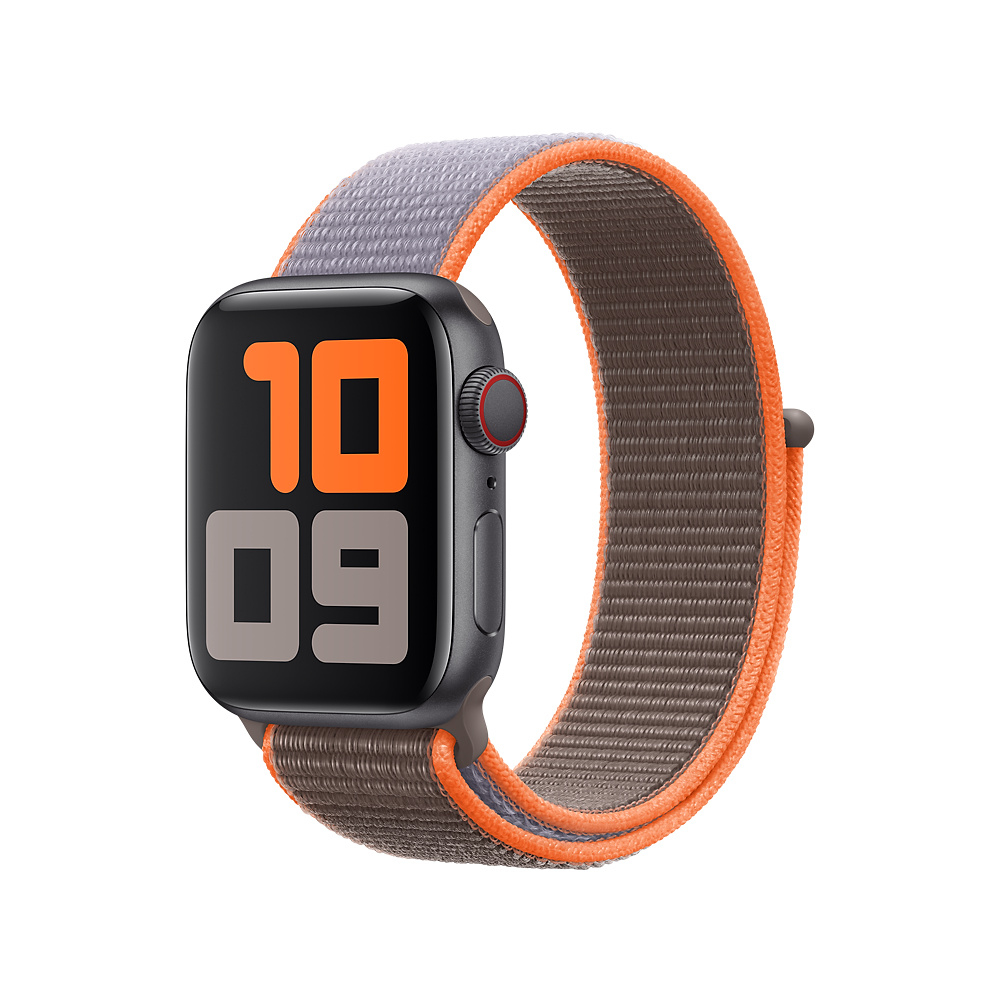 Apple Watch nero con cinturino intrecciato grigio e arancione. Lo schermo mostra l'ora 10:09.
