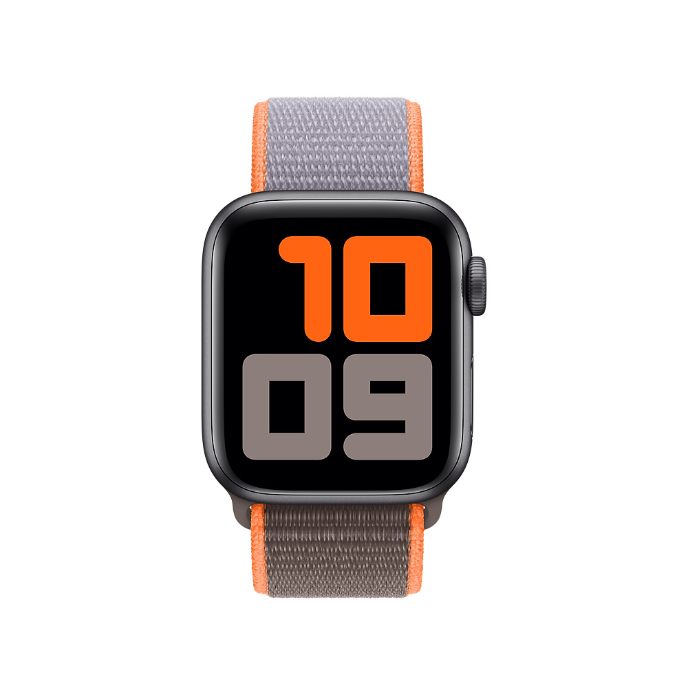 Apple Watch nera con cinturino grigio e arancione che mostra l'ora 10:09.