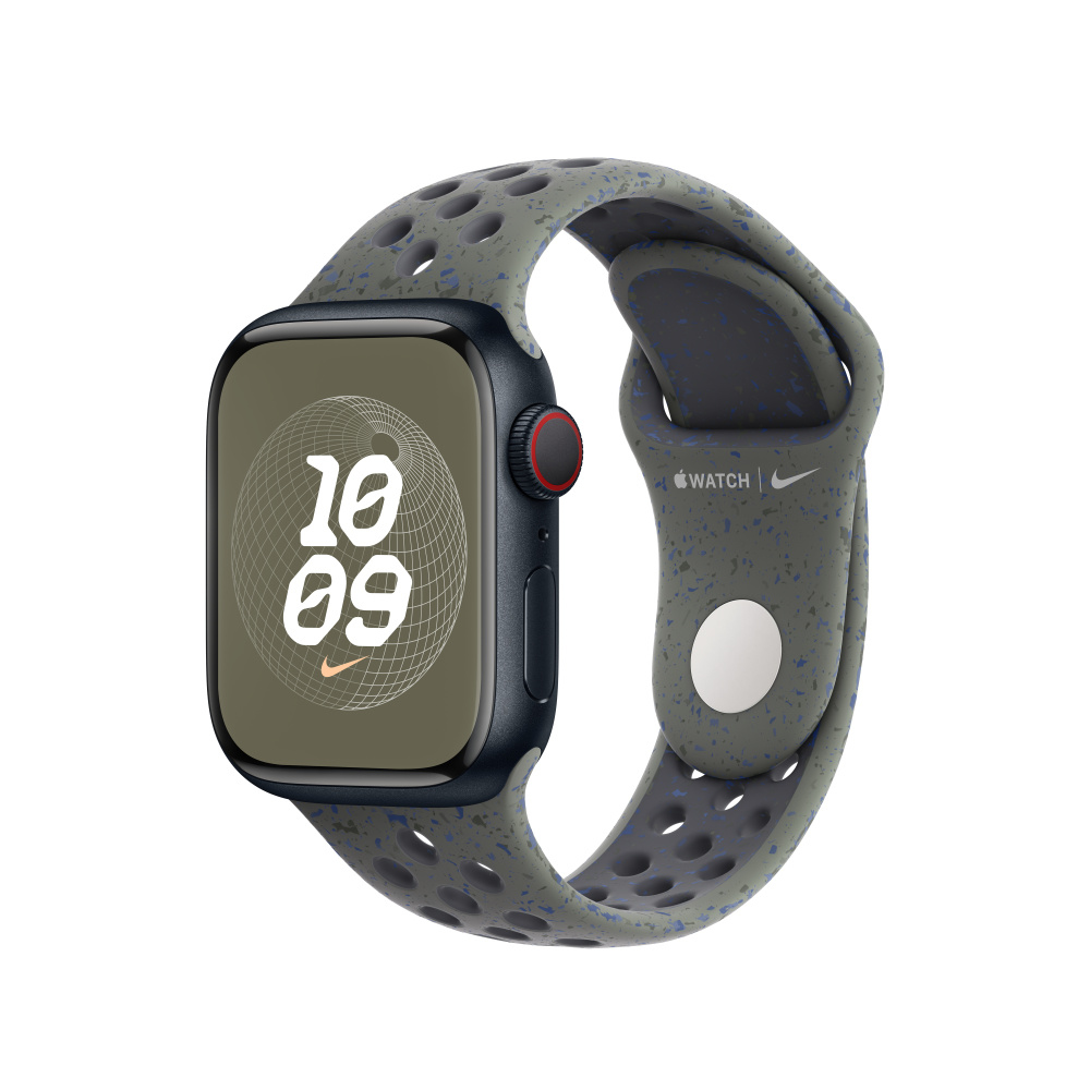 Apple Watch with a grey and blue speckled band. Watch face shows '10 09'.