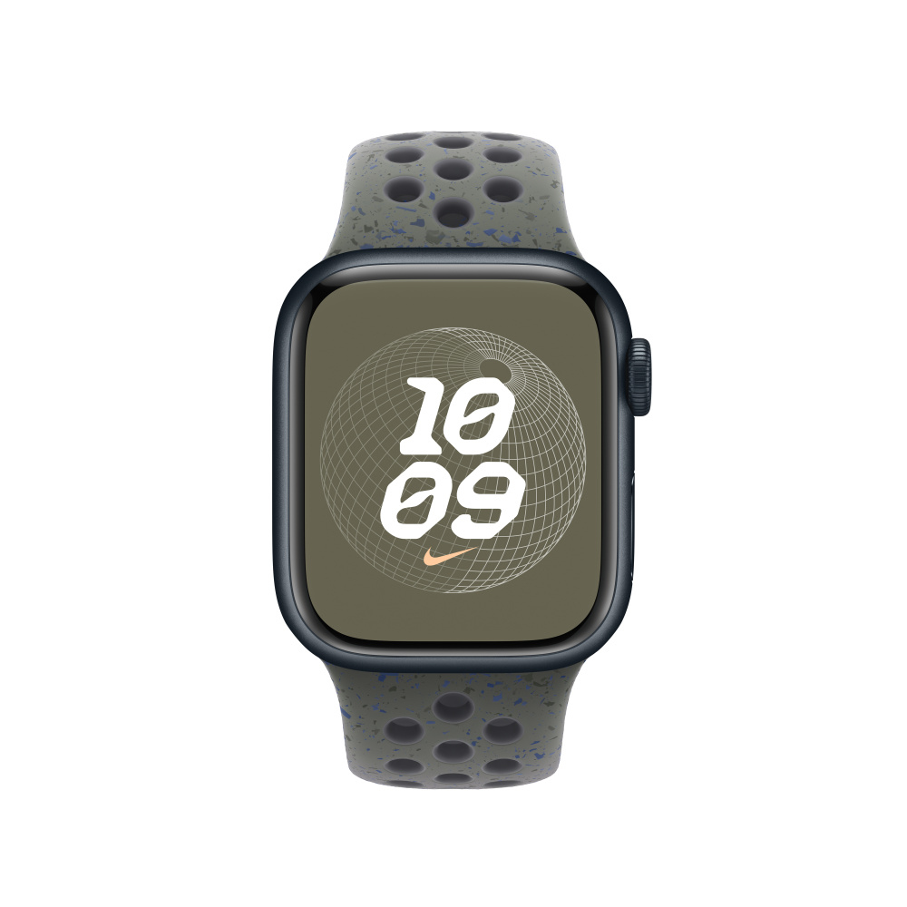 A green and blue Apple watch with a green and blue speckled band. White background.