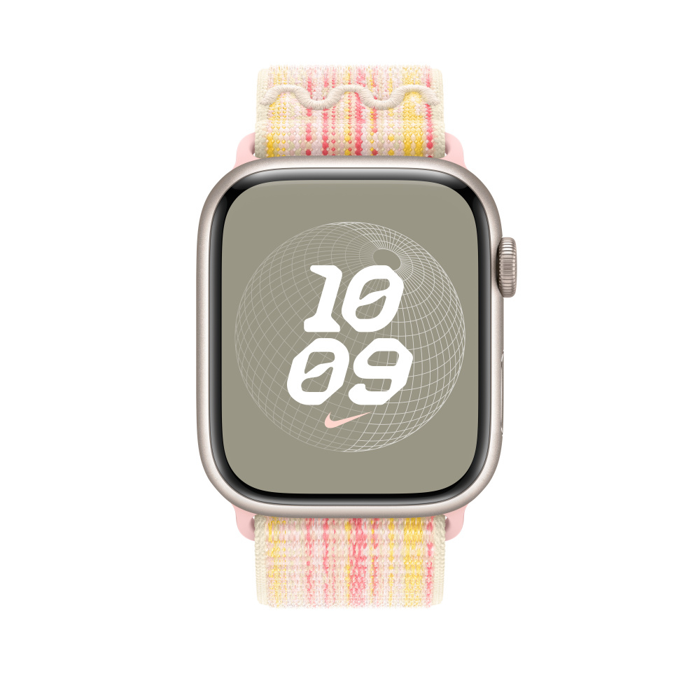 Apple Watch with a pink and yellow band. The watch face has a globe graphic, and shows 10:09.
