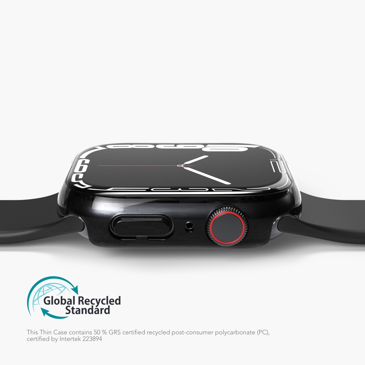 Vista laterale di Apple Watch con cassa nera. L'orologio ha un quadrante rosso e un cinturino nero.