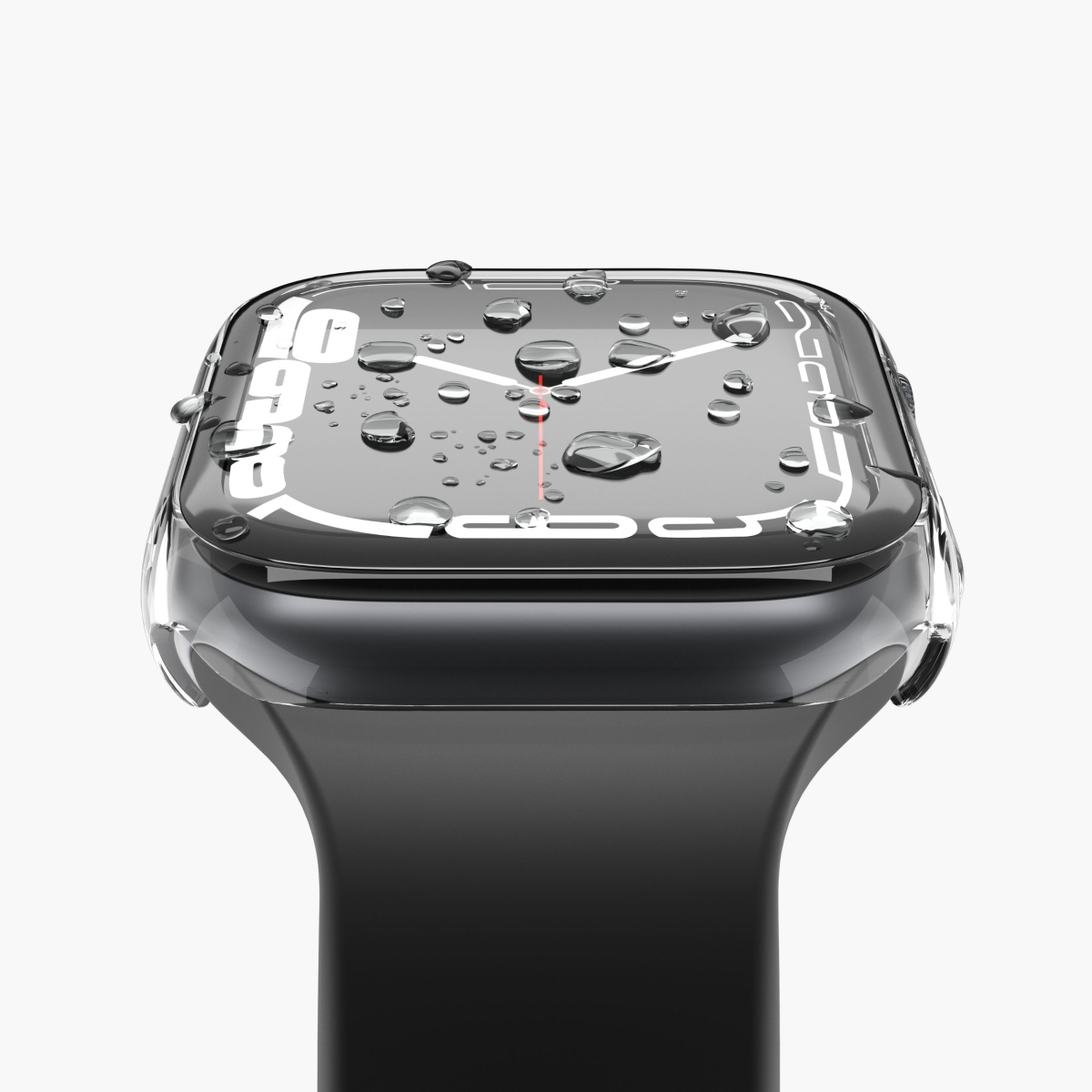 Primo piano di Apple Watch con custodia protettiva. Goccioline d'acqua visibili sullo schermo.