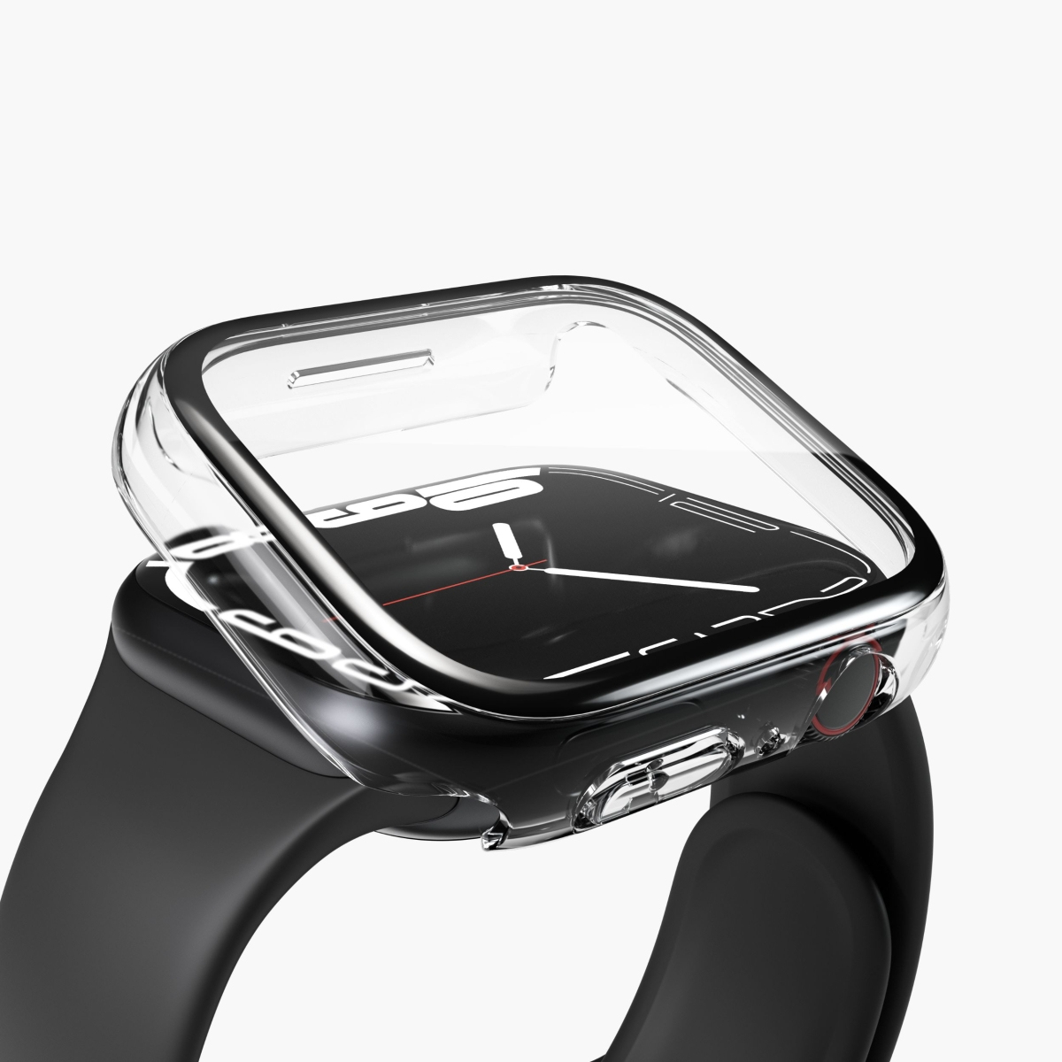 Apple Watch con cinturino nero e custodia trasparente. Il pulsante rosso del quadrante è visibile.