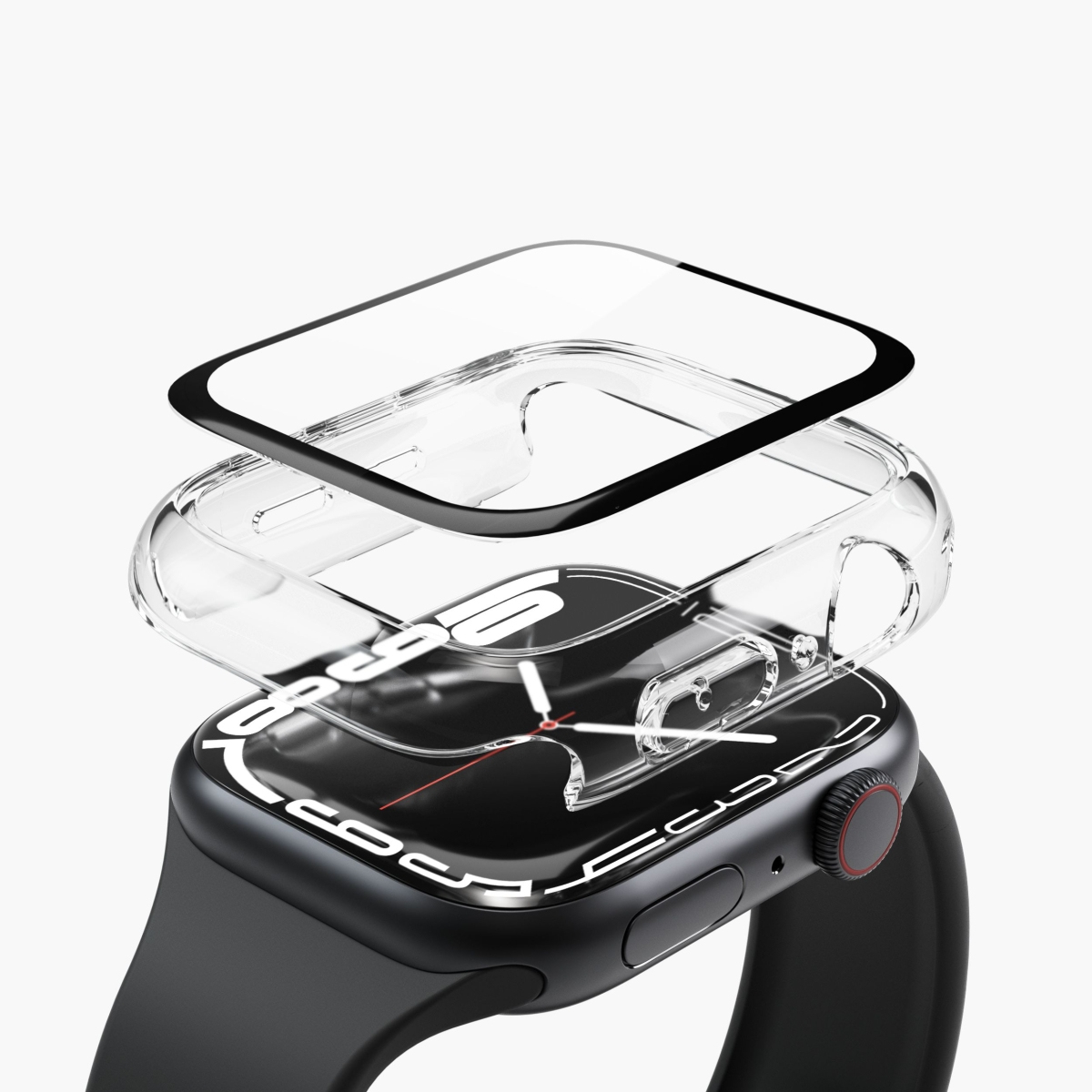 Apple Watch con componenti della custodia protettiva separati. La custodia è trasparente e nera.