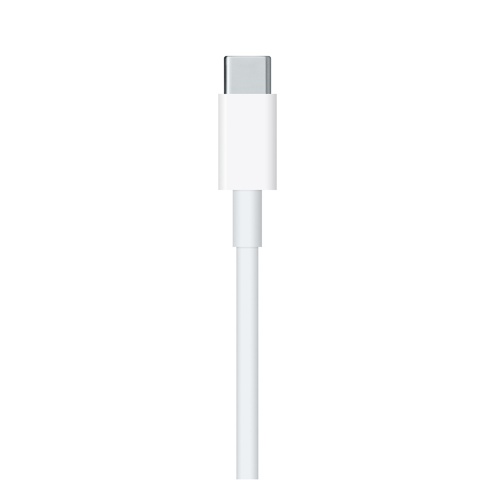 Cavo di ricarica bianco con connettore USB-C. Sfondo bianco.