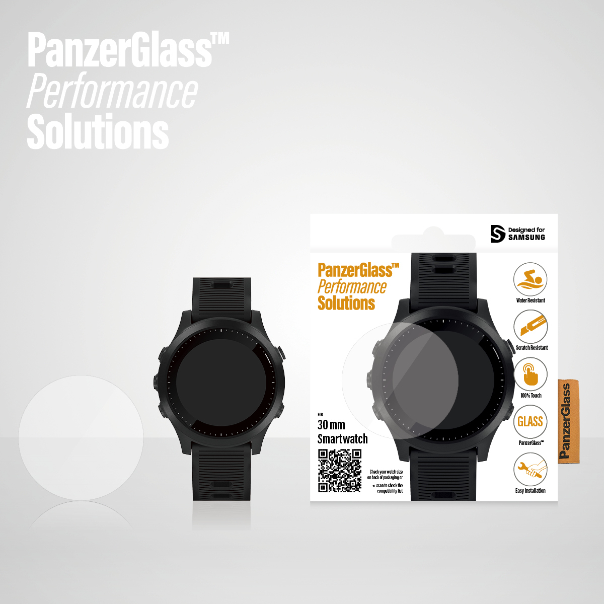 Proteggi schermo per smartwatch con smartwatch e confezione. Sfondo bianco.