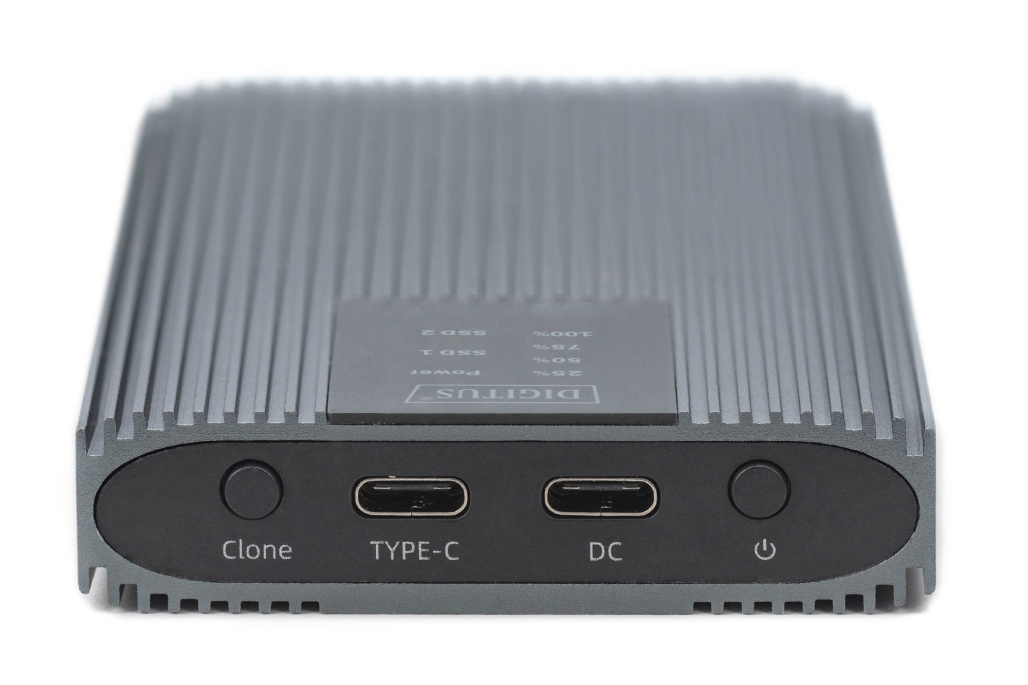 Szary zewnętrzny dysk twardy z portami, przyciskami i logo DIGITUS na białej powierzchni.