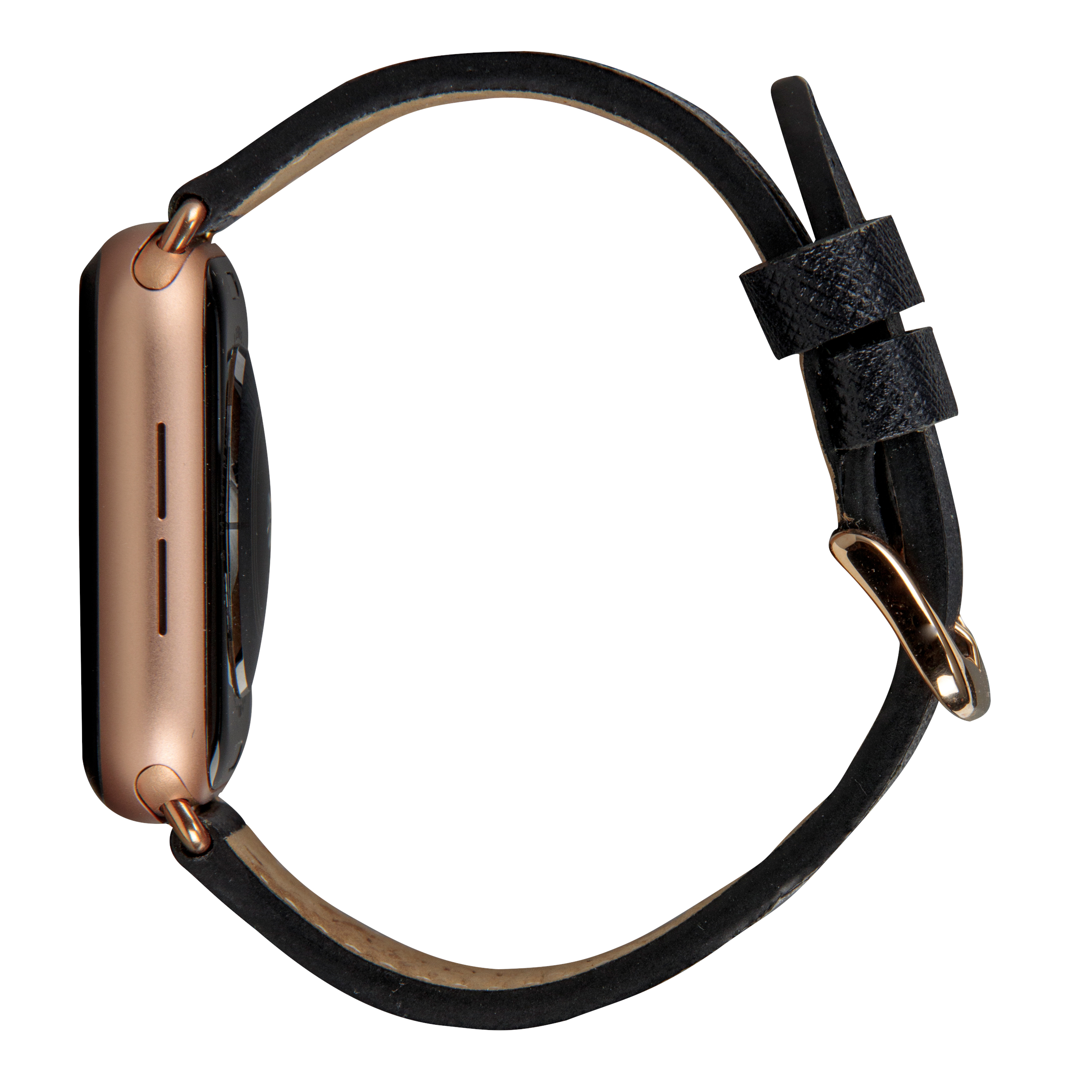 Widok z boku złotego smartwatcha z czarnym skórzanym paskiem.