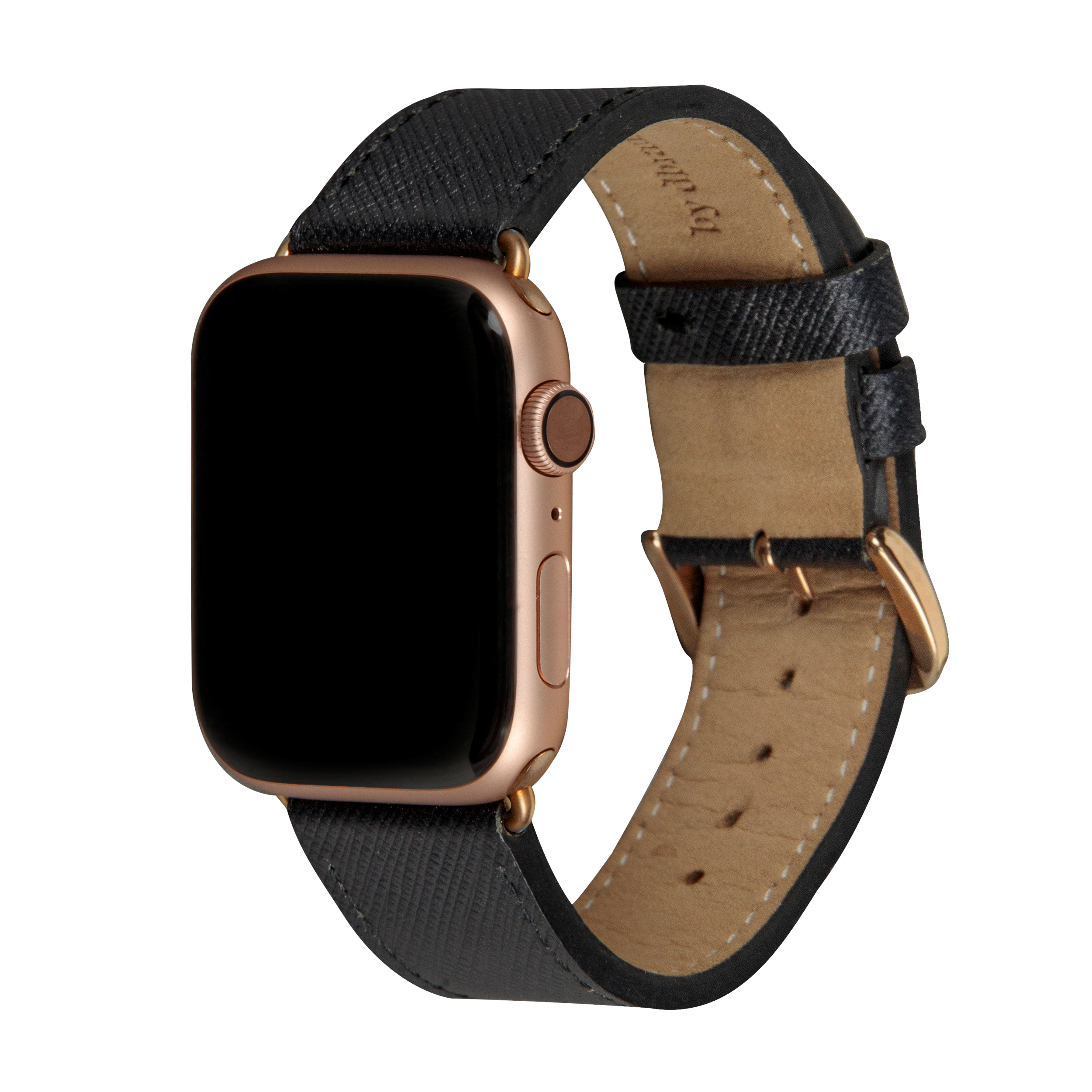 Złoty smartwatch z czarnym paskiem, wyświetlający czarny ekran, widok z boku.