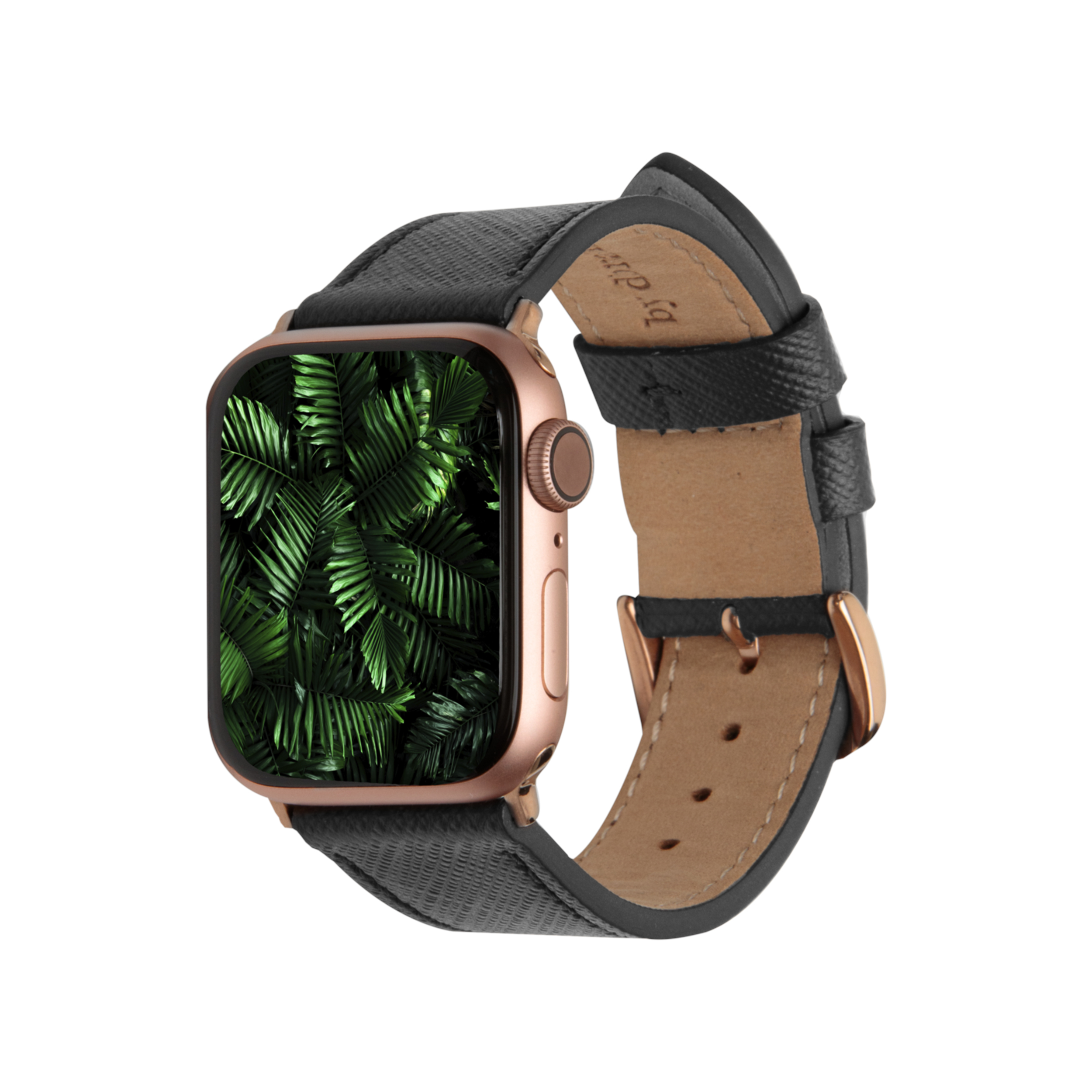 Złoty smartwatch z czarnym paskiem, wyświetlający zielone liście, widok z boku.