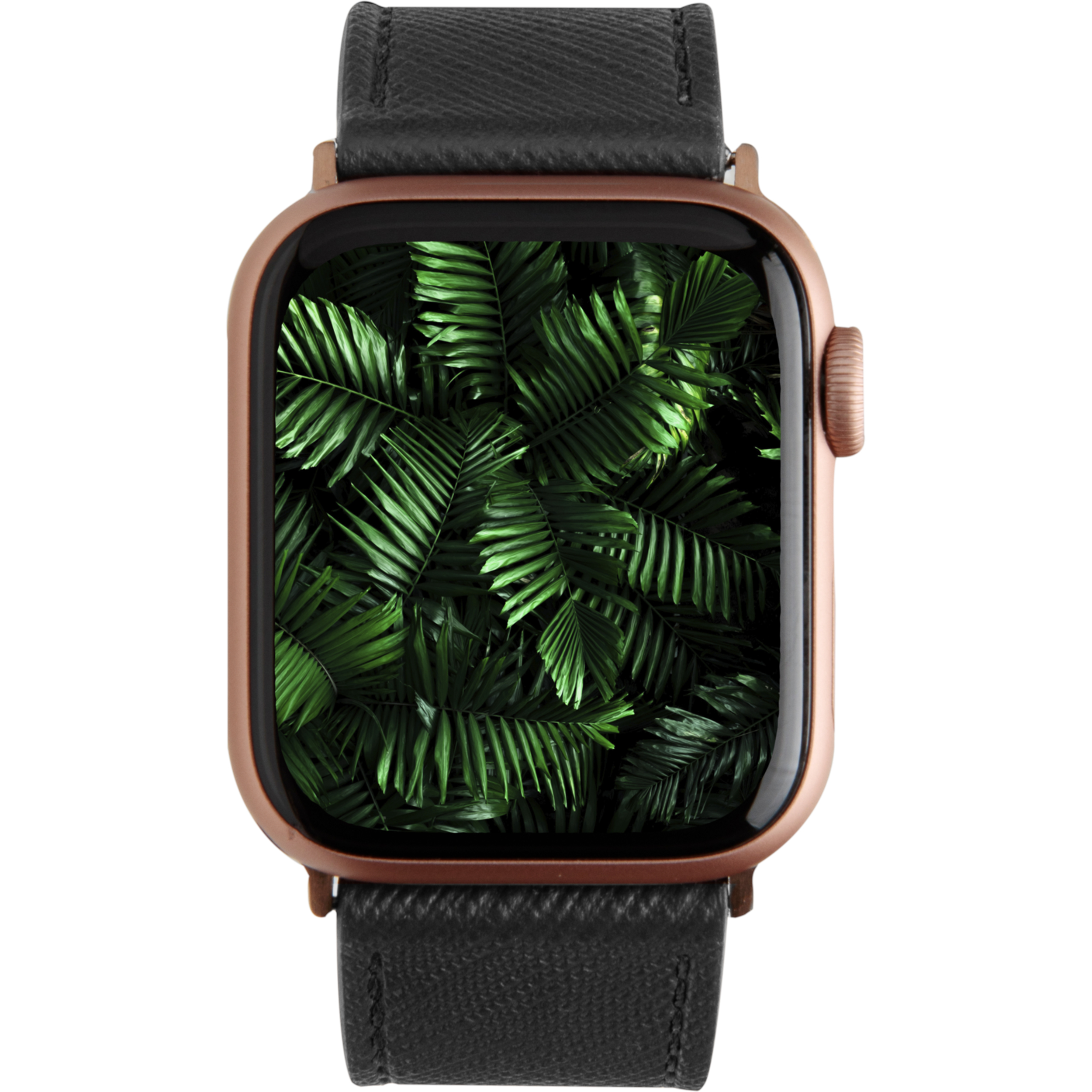 Złoty smartwatch z czarnym skórzanym paskiem, wyświetlający zielone liście w tle.