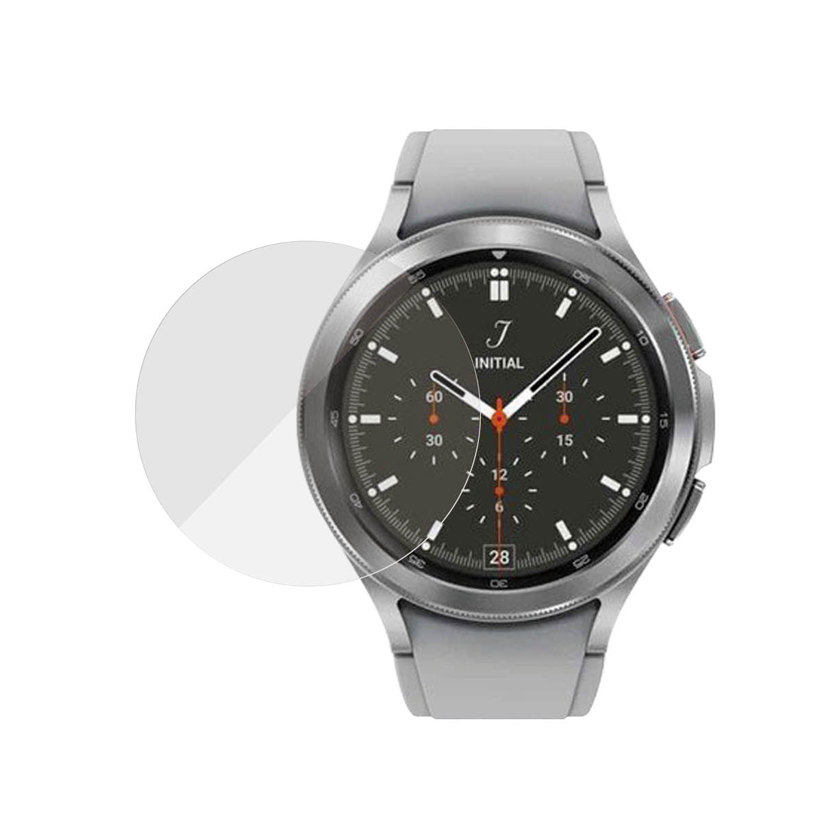 Smartwatch argentato con quadrante nero e protezione schermo.