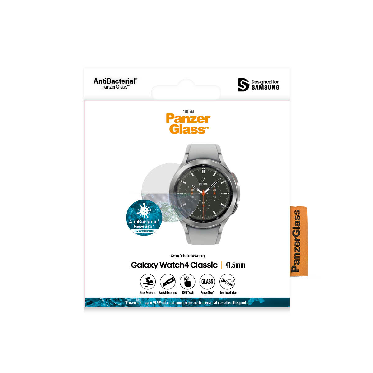 Confezione protezione schermo PanzerGlass per Galaxy Watch4 Classic. Immagine orologio grigio. Testi e loghi.