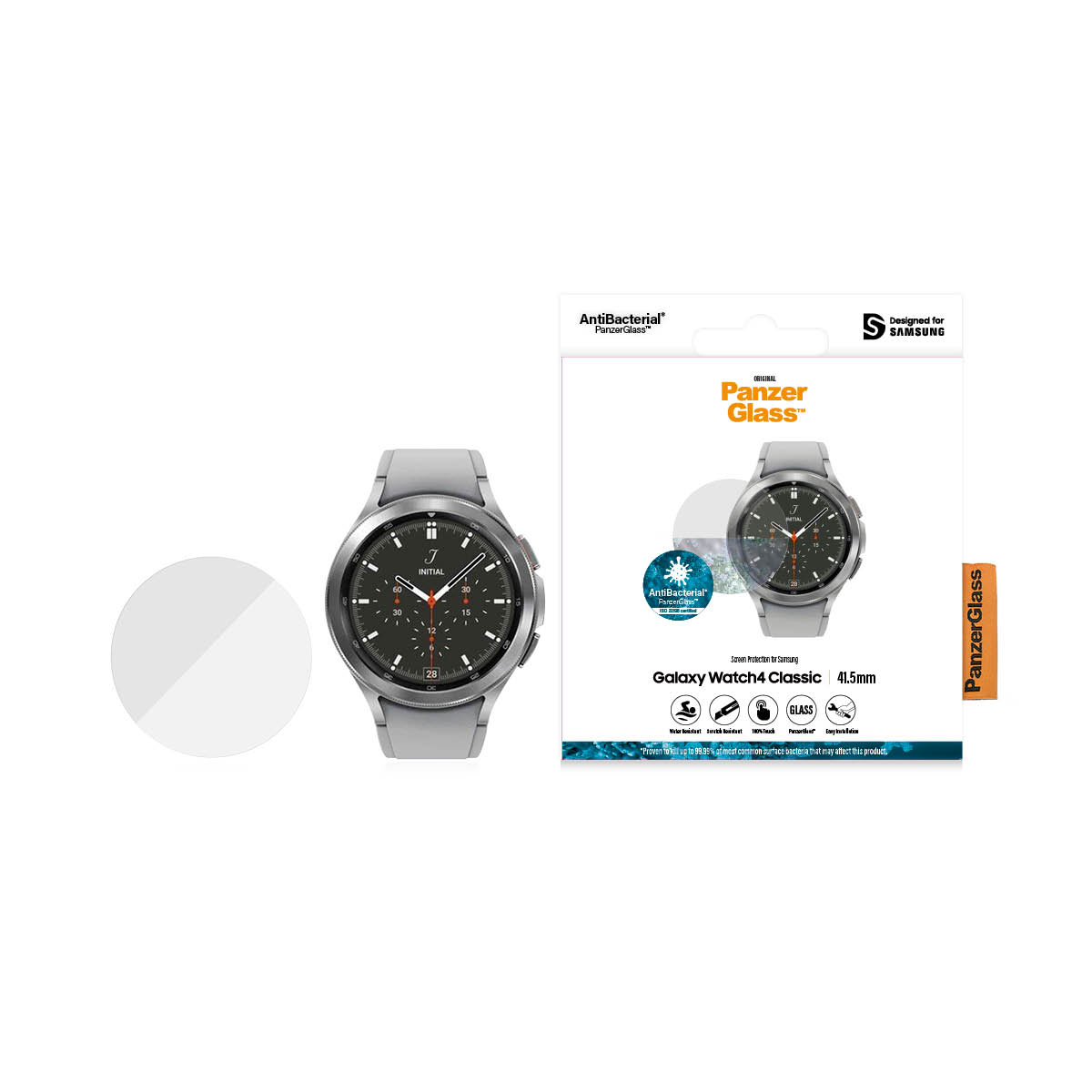 Galaxy Watch4 Classic con protezione schermo PanzerGlass e confezione, più la protezione da sola.