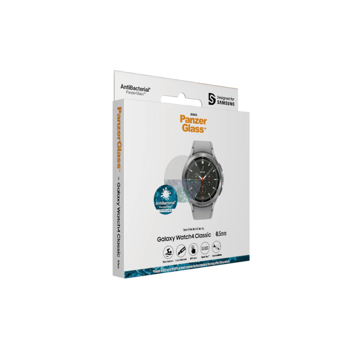 Confezione PanzerGlass per Galaxy Watch4 Classic. L'orologio è visibile sulla confezione.