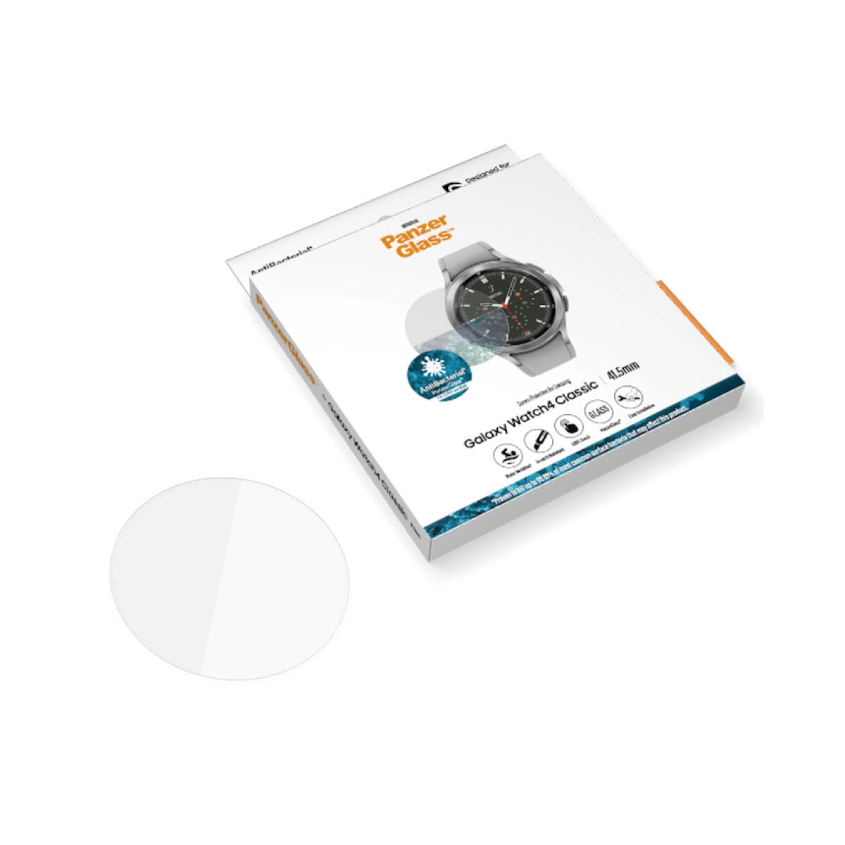 Confezione PanzerGlass per Galaxy Watch4 Classic e una protezione schermo circolare accanto.