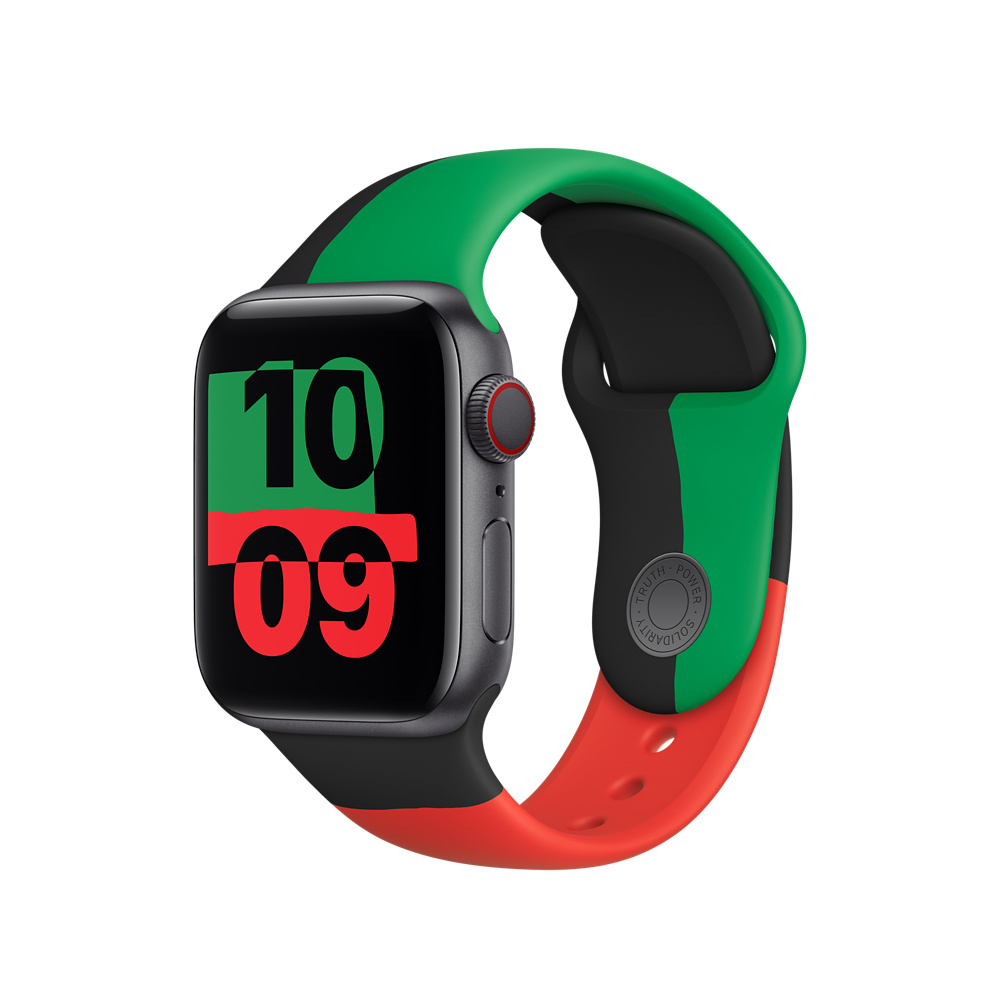 Apple Watch con cinturino a bandiera panafricana rossa, verde e nera. L'ora è 10:09. Quadrante nero.