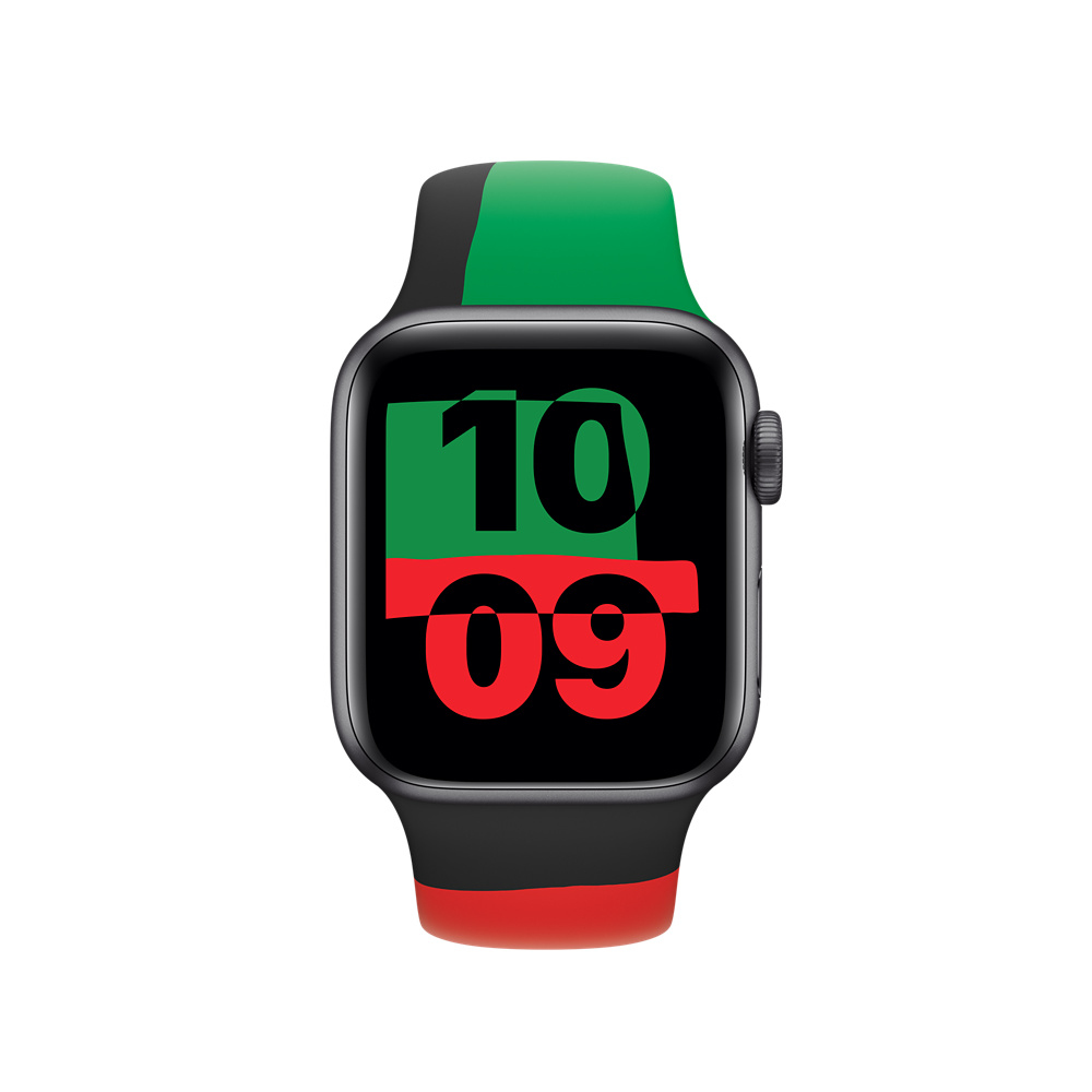Uno smartwatch con quadrante nero, cinturini verdi e rossi, che mostra le 10:09.