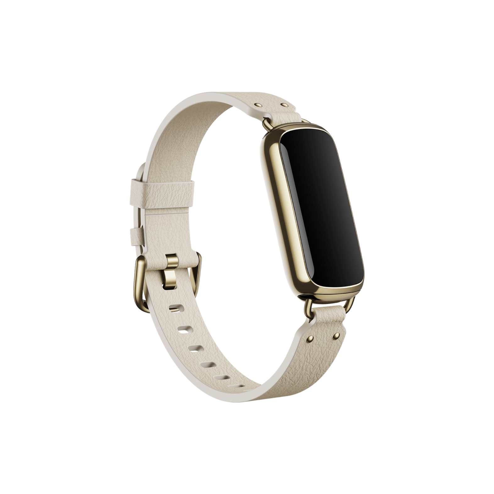 Cinturino per smartwatch in pelle color crema con dettagli dorati. L'orologio è bianco sporco e ha uno schermo nero.
