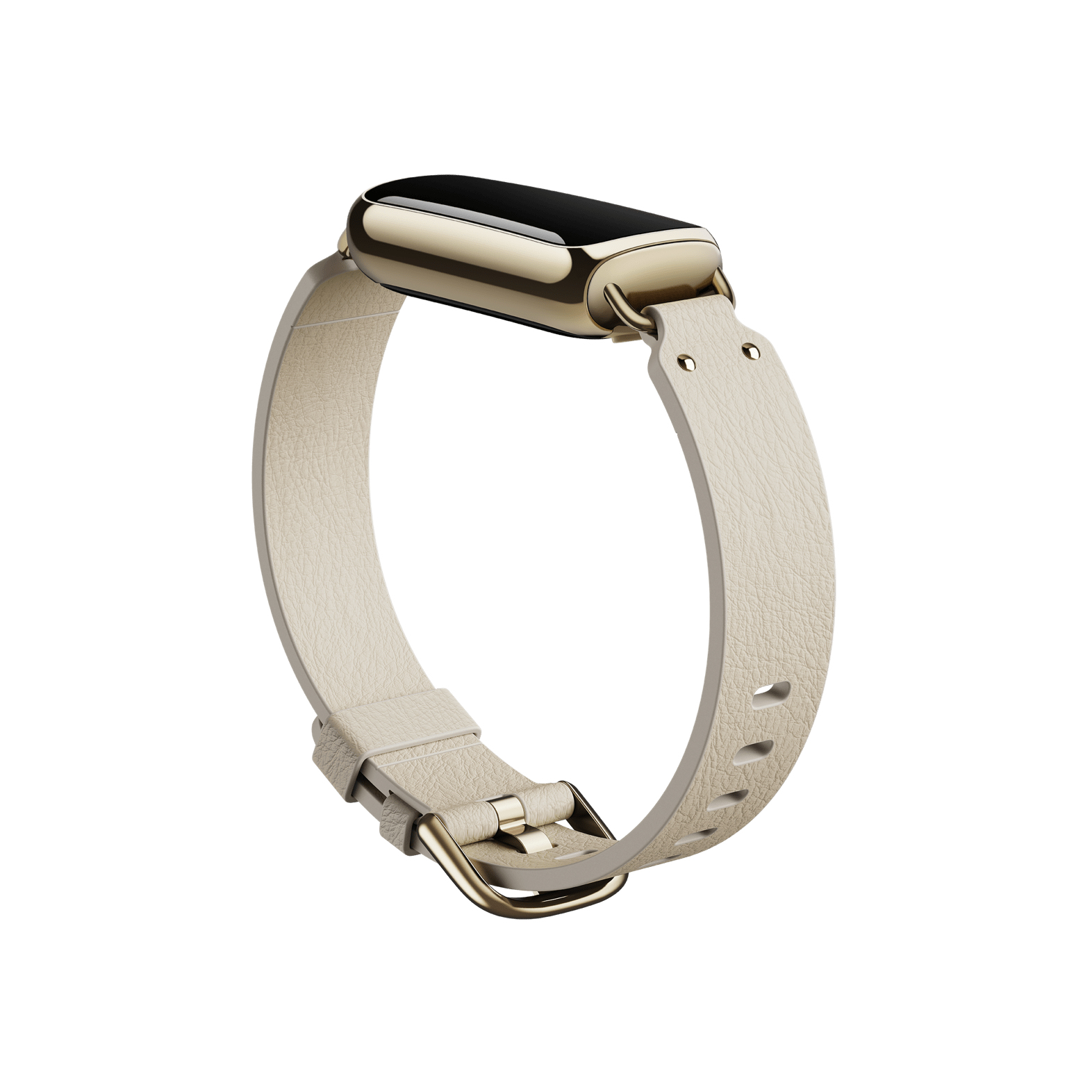 Uno smartwatch con quadrante color oro e cinturino in pelle color chiaro.